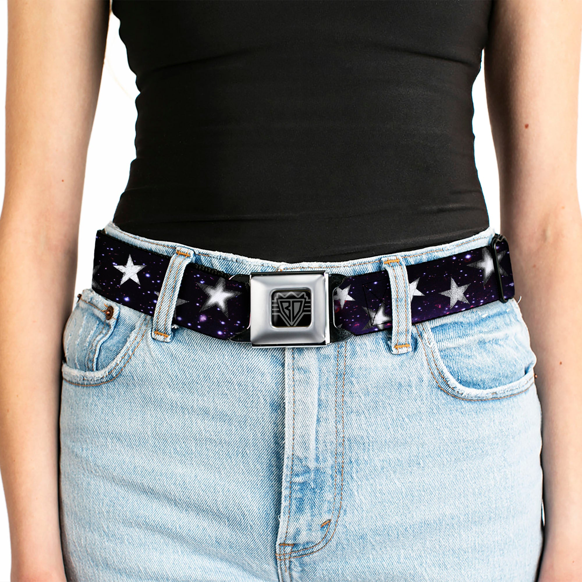 BD Wings Logo CLOSE-UP Full Color Black Silver Seatbelt Belt - Glowing Stars in Space Black/Purple/White Webbing Seatbelt Belts Buckle-Down