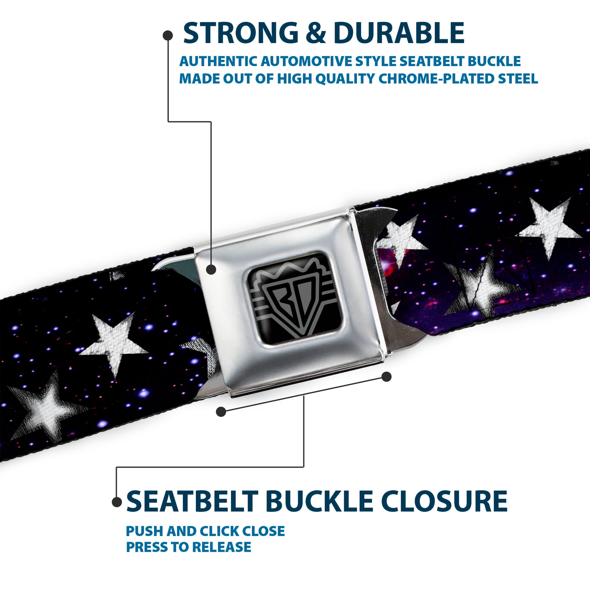 BD Wings Logo CLOSE-UP Full Color Black Silver Seatbelt Belt - Glowing Stars in Space Black/Purple/White Webbing Seatbelt Belts Buckle-Down