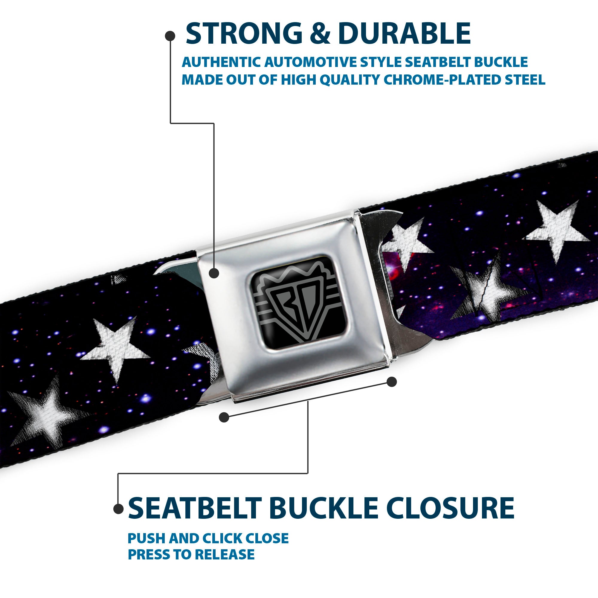 BD Wings Logo CLOSE-UP Full Color Black Silver Seatbelt Belt - Glowing Stars in Space Black/Purple/White Webbing Seatbelt Belts Buckle-Down