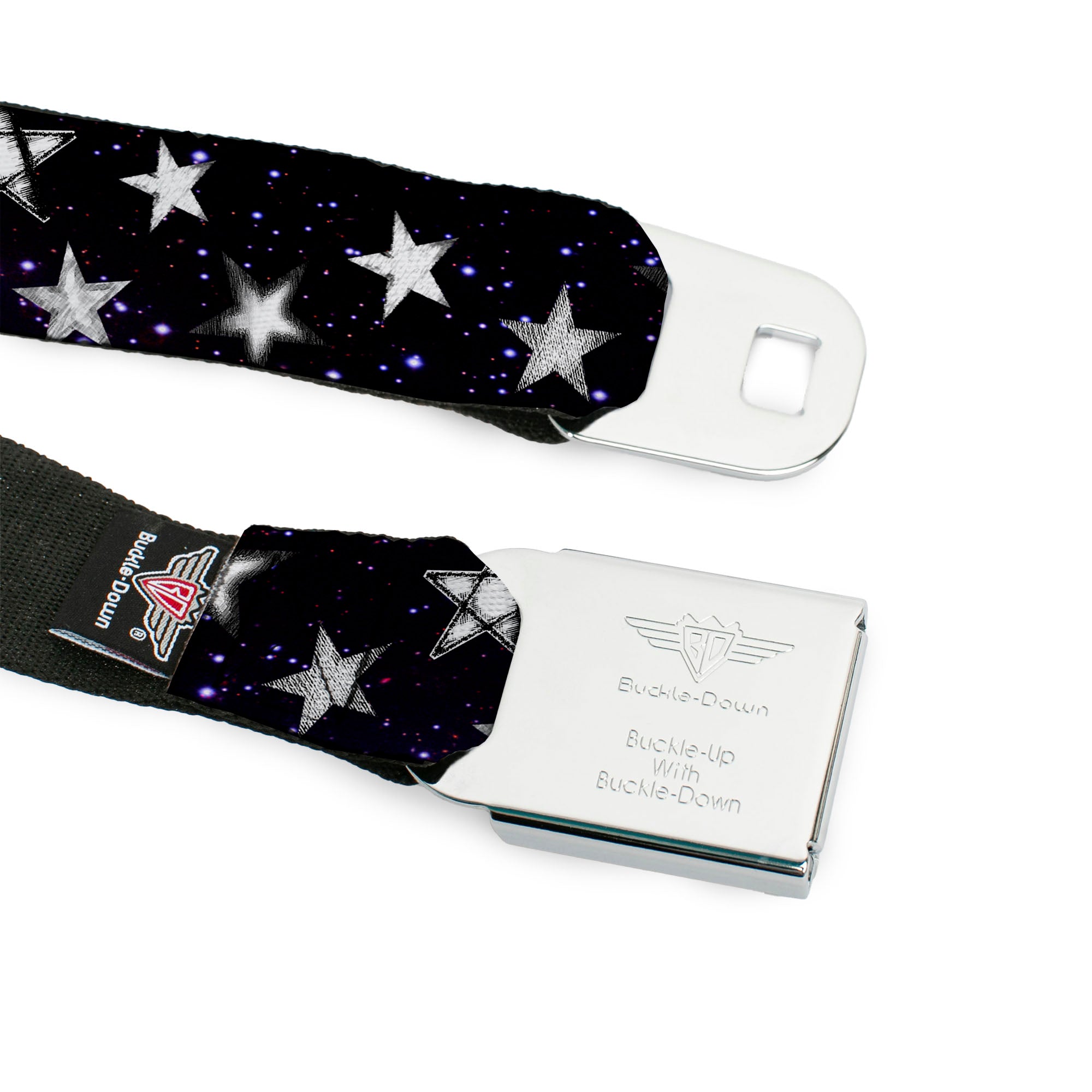 BD Wings Logo CLOSE-UP Full Color Black Silver Seatbelt Belt - Glowing Stars in Space Black/Purple/White Webbing Seatbelt Belts Buckle-Down