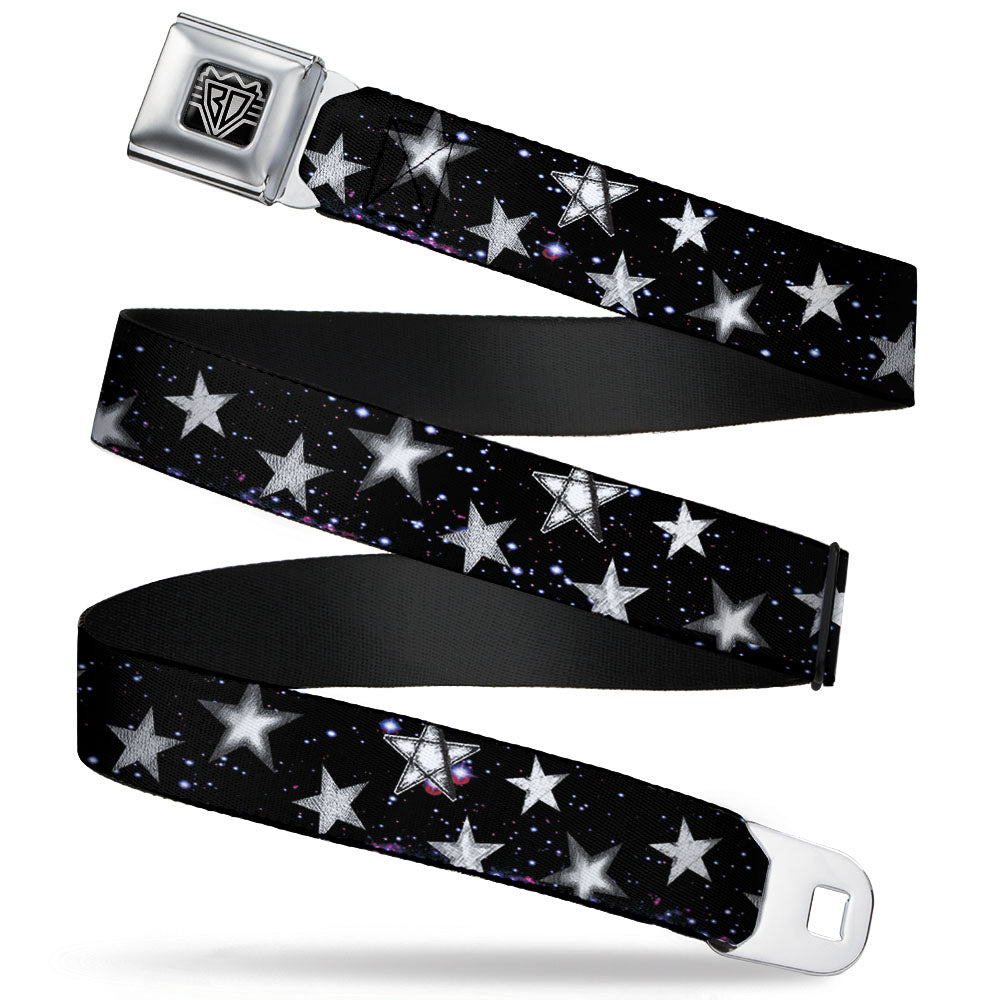 BD Wings Logo CLOSE-UP Full Color Black Silver Seatbelt Belt - Glowing Stars in Space Black/Purple/White Webbing Seatbelt Belts Buckle-Down
