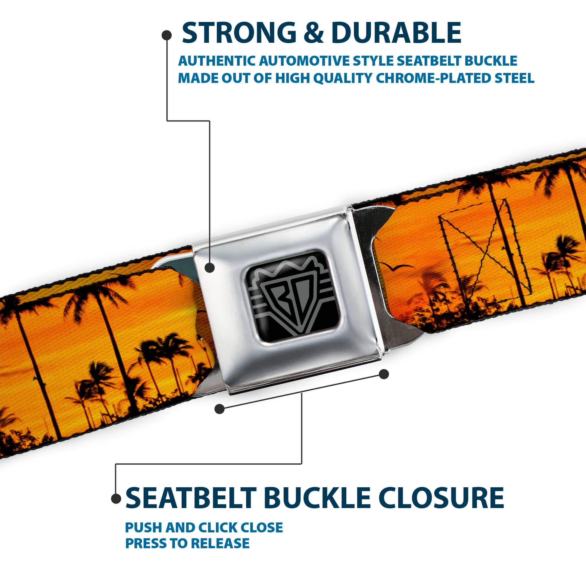 BD Wings Logo CLOSE-UP Full Color Black Silver Seatbelt Belt - Golden Sunset Webbing Seatbelt Belts Buckle-Down