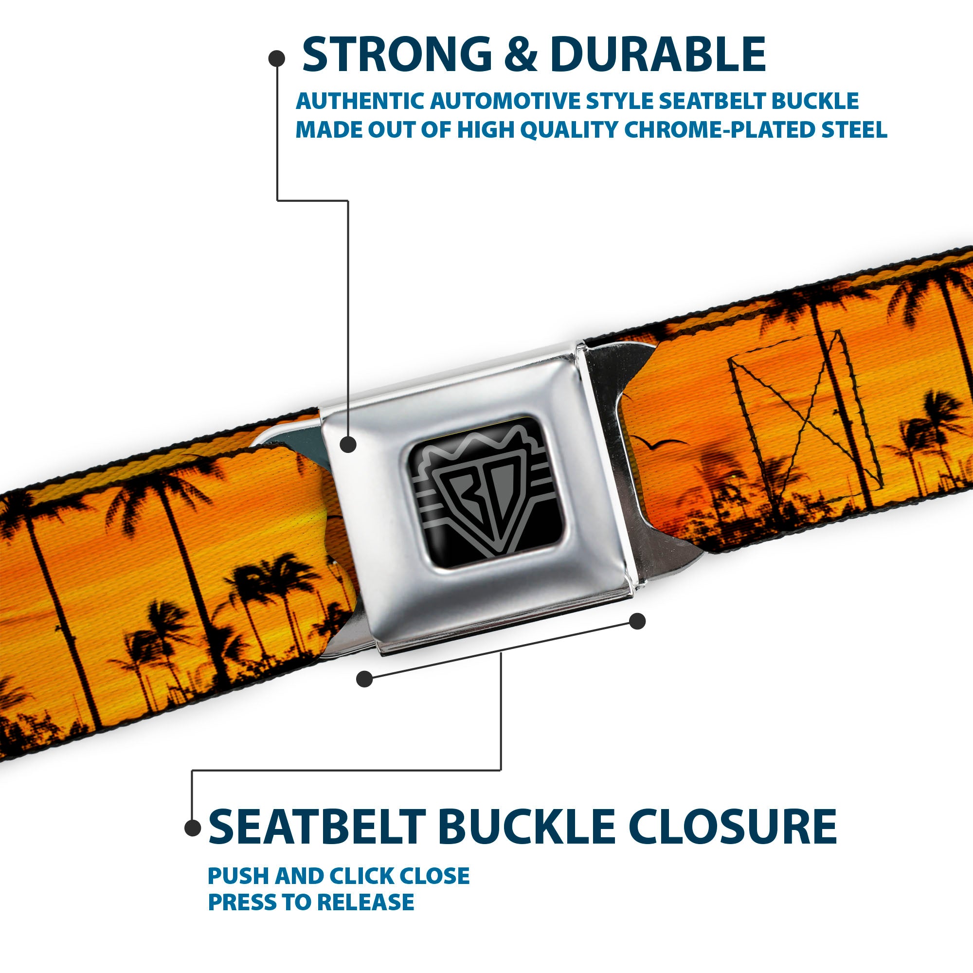 BD Wings Logo CLOSE-UP Full Color Black Silver Seatbelt Belt - Golden Sunset Webbing Seatbelt Belts Buckle-Down