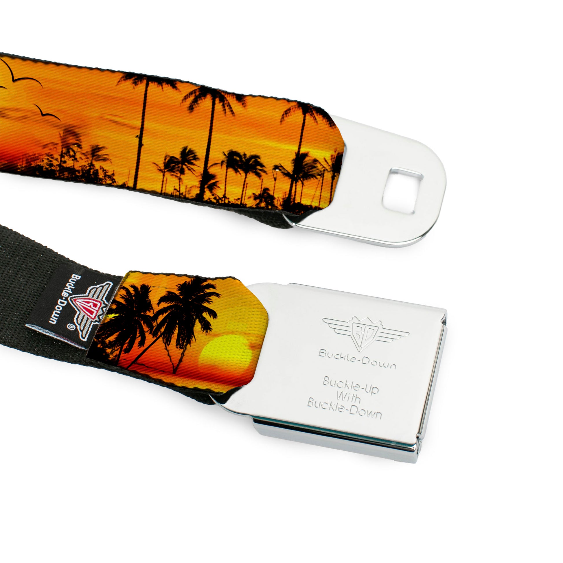 BD Wings Logo CLOSE-UP Full Color Black Silver Seatbelt Belt - Golden Sunset Webbing Seatbelt Belts Buckle-Down
