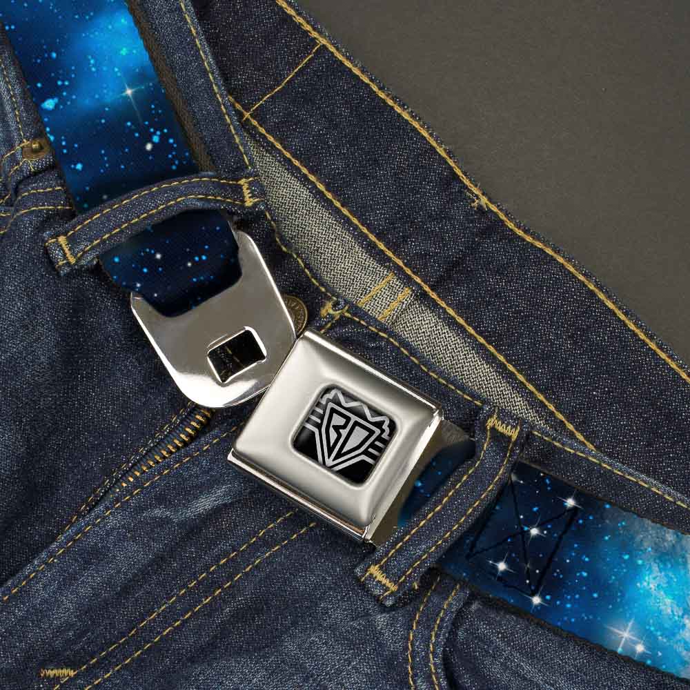 BD Wings Logo CLOSE-UP Full Color Black Silver Seatbelt Belt - Galaxy Blues/Blues Webbing Seatbelt Belts Buckle-Down