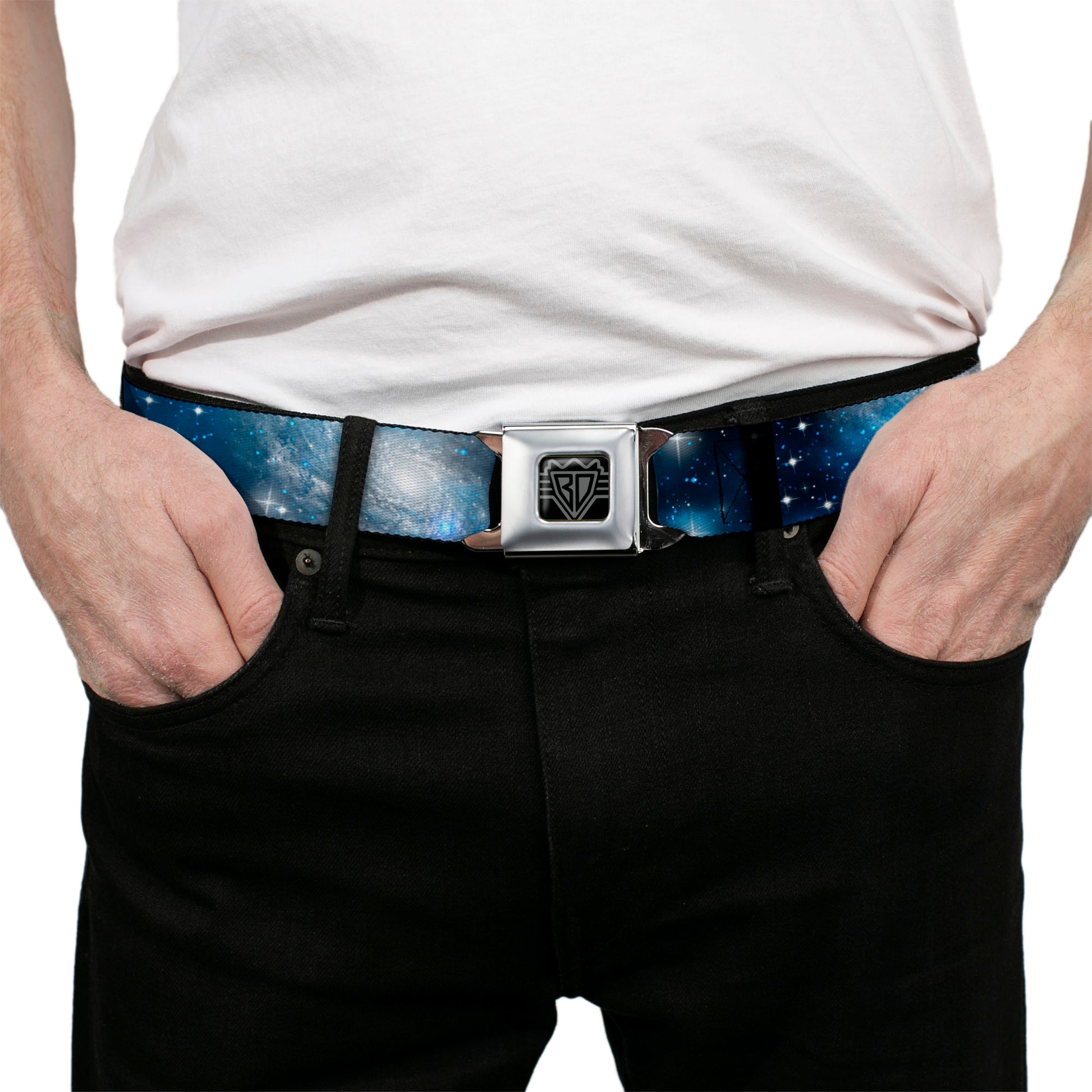 BD Wings Logo CLOSE-UP Full Color Black Silver Seatbelt Belt - Galaxy Blues/Blues Webbing Seatbelt Belts Buckle-Down
