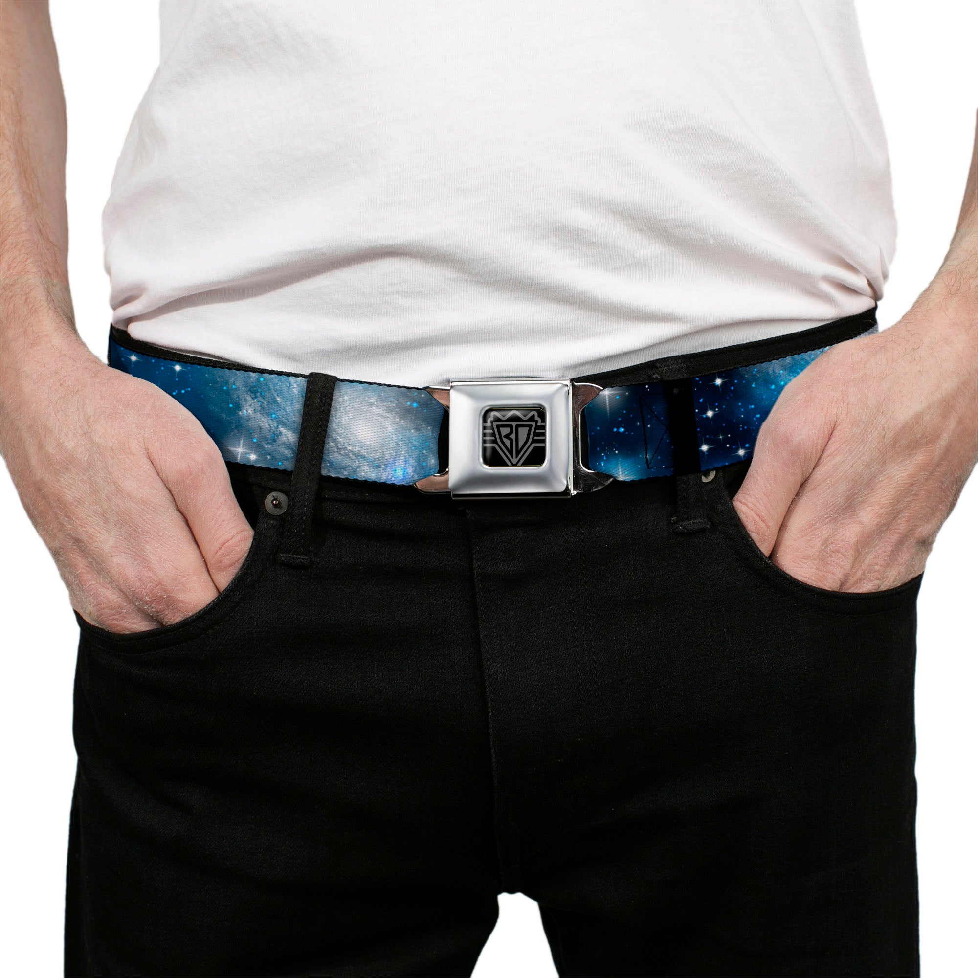 BD Wings Logo CLOSE-UP Full Color Black Silver Seatbelt Belt - Galaxy Blues/Blues Webbing Seatbelt Belts Buckle-Down