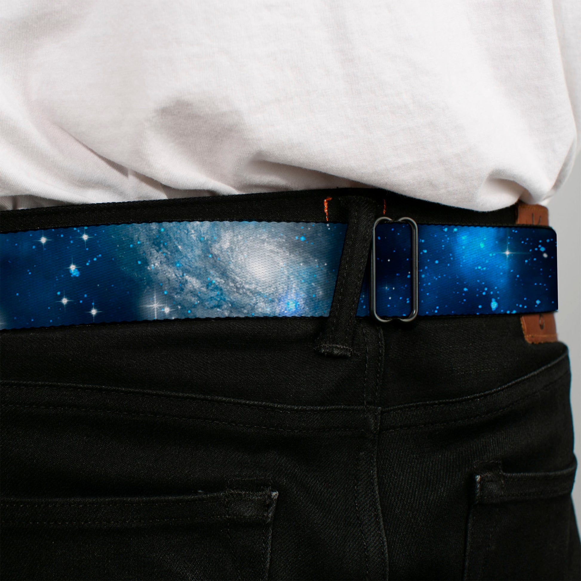 BD Wings Logo CLOSE-UP Full Color Black Silver Seatbelt Belt - Galaxy Blues/Blues Webbing Seatbelt Belts Buckle-Down