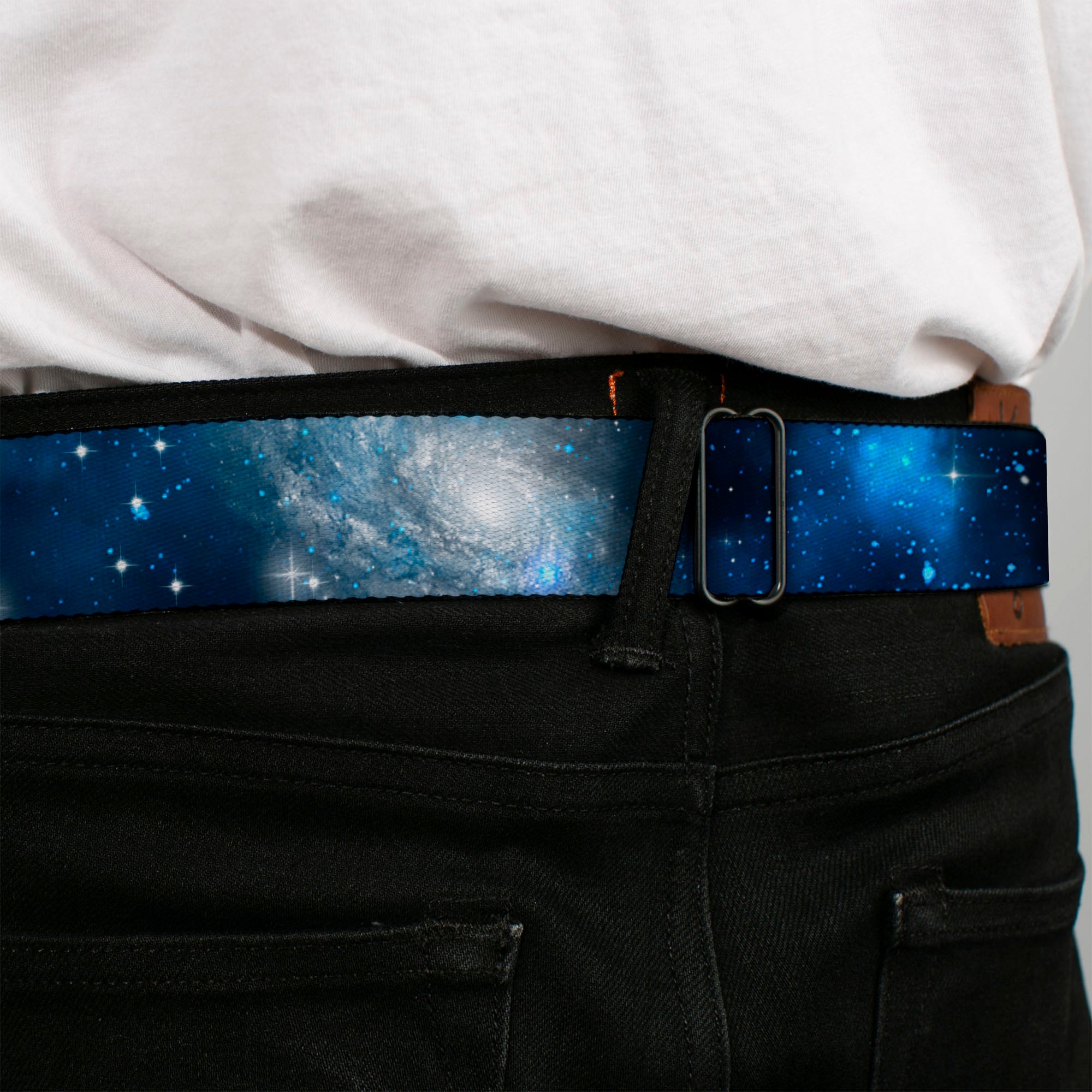 BD Wings Logo CLOSE-UP Full Color Black Silver Seatbelt Belt - Galaxy Blues/Blues Webbing Seatbelt Belts Buckle-Down