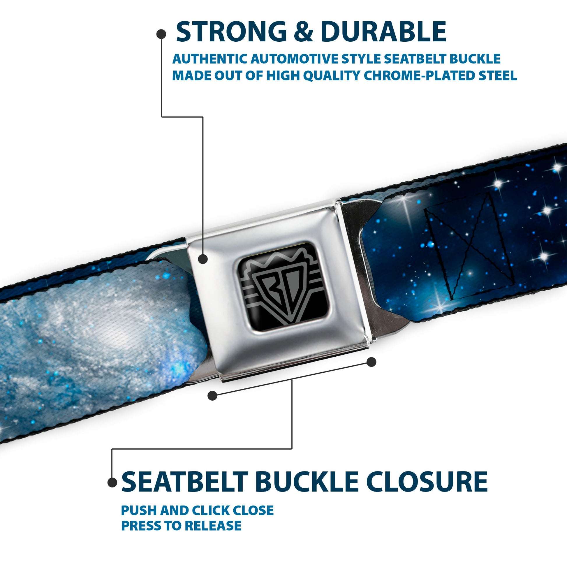 BD Wings Logo CLOSE-UP Full Color Black Silver Seatbelt Belt - Galaxy Blues/Blues Webbing Seatbelt Belts Buckle-Down