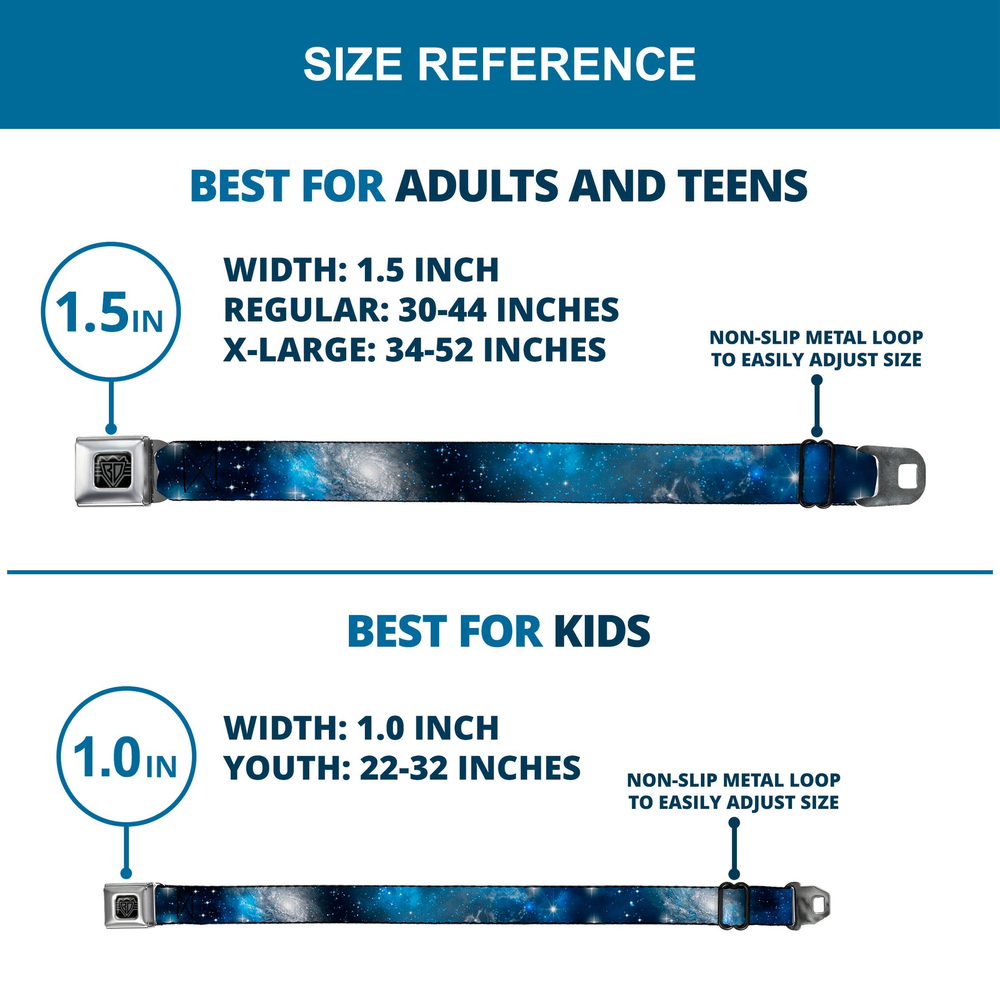 BD Wings Logo CLOSE-UP Full Color Black Silver Seatbelt Belt - Galaxy Blues/Blues Webbing Seatbelt Belts Buckle-Down