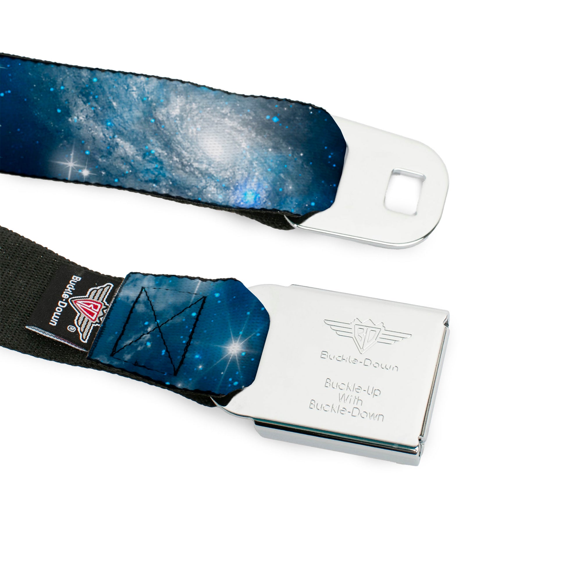 BD Wings Logo CLOSE-UP Full Color Black Silver Seatbelt Belt - Galaxy Blues/Blues Webbing Seatbelt Belts Buckle-Down