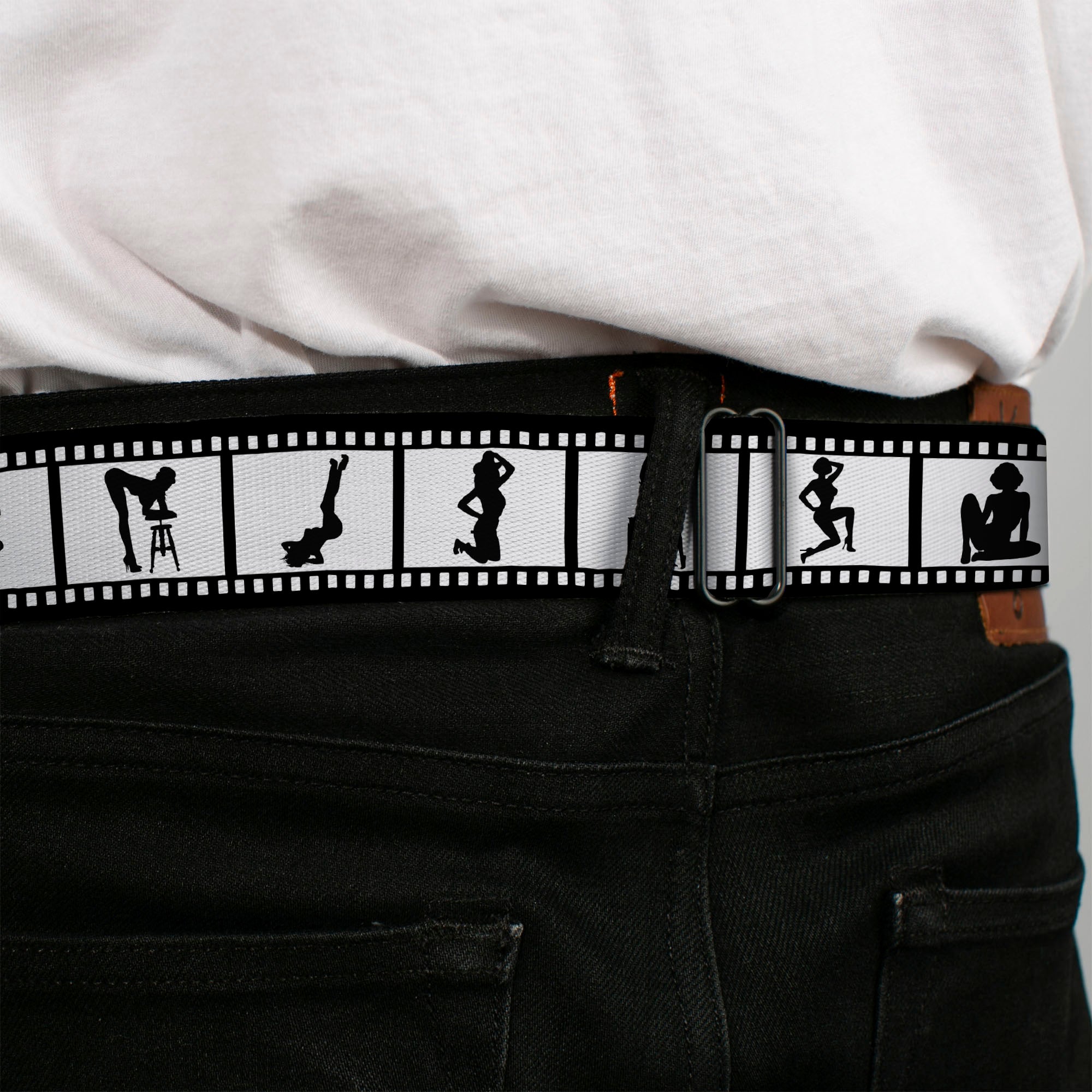 BD Wings Logo CLOSE-UP Full Color Black Silver Seatbelt Belt - Girls Posing Film Strip White/Black Webbing Seatbelt Belts Buckle-Down