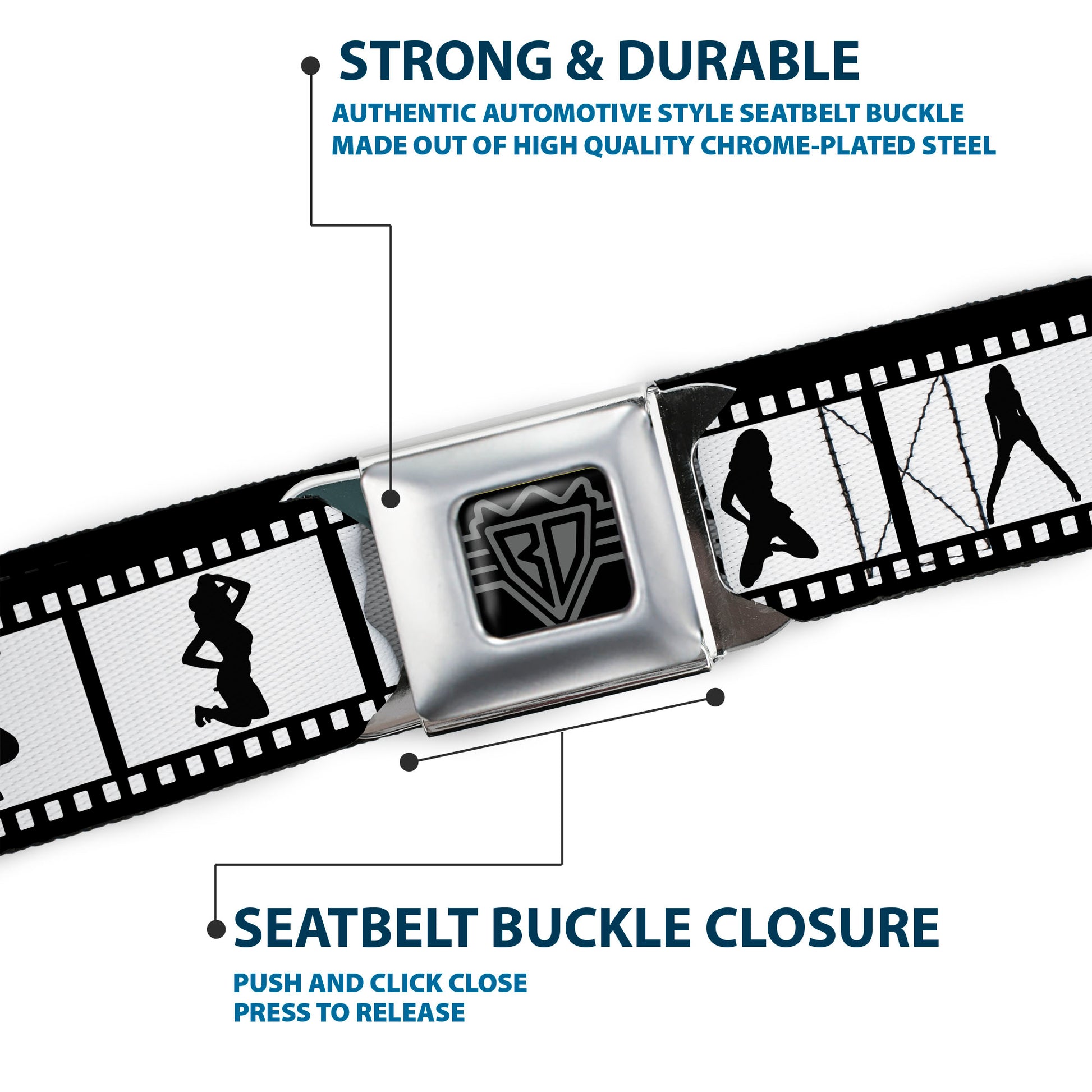 BD Wings Logo CLOSE-UP Full Color Black Silver Seatbelt Belt - Girls Posing Film Strip White/Black Webbing Seatbelt Belts Buckle-Down