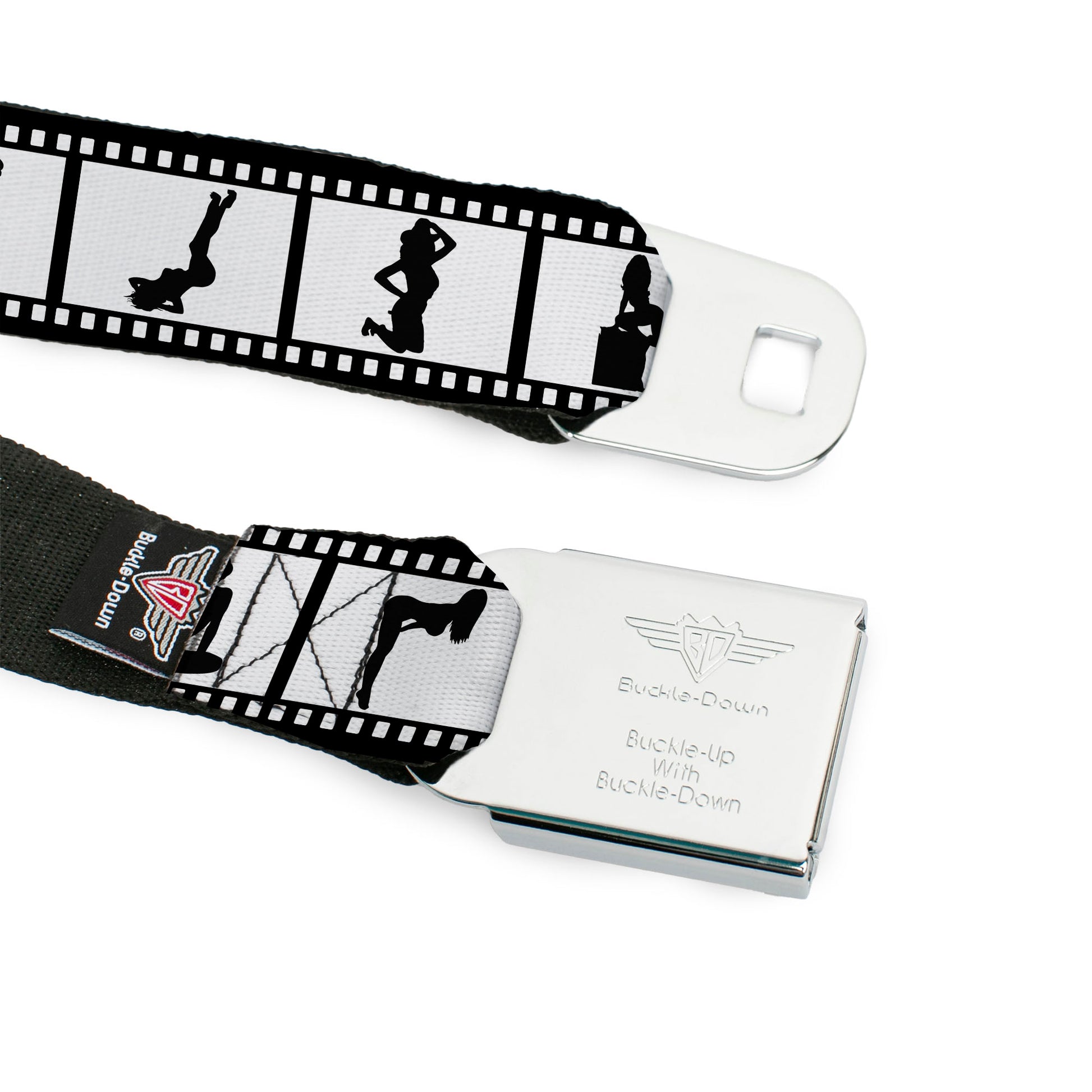 BD Wings Logo CLOSE-UP Full Color Black Silver Seatbelt Belt - Girls Posing Film Strip White/Black Webbing Seatbelt Belts Buckle-Down