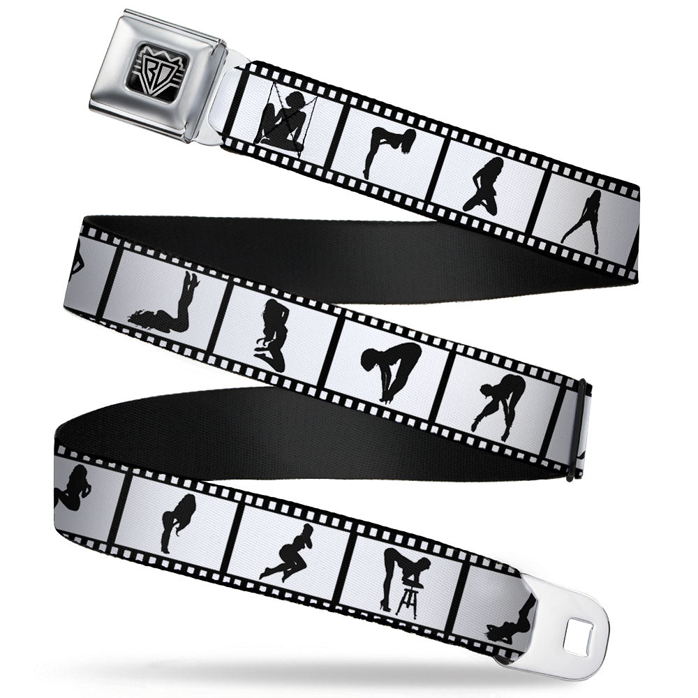 BD Wings Logo CLOSE-UP Full Color Black Silver Seatbelt Belt - Girls Posing Film Strip White/Black Webbing Seatbelt Belts Buckle-Down