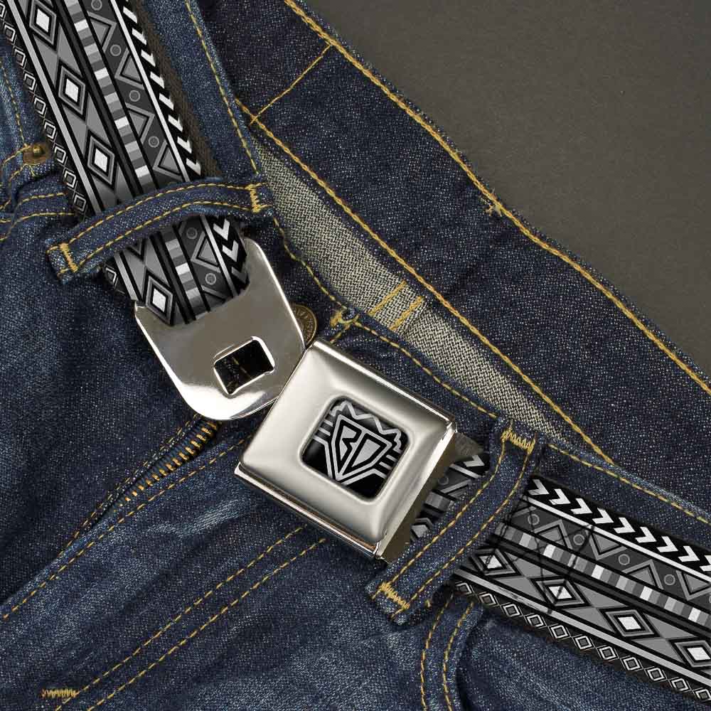 BD Wings Logo CLOSE-UP Full Color Black Silver Seatbelt Belt - Geometric5 Grays/Black/White Webbing Seatbelt Belts Buckle-Down