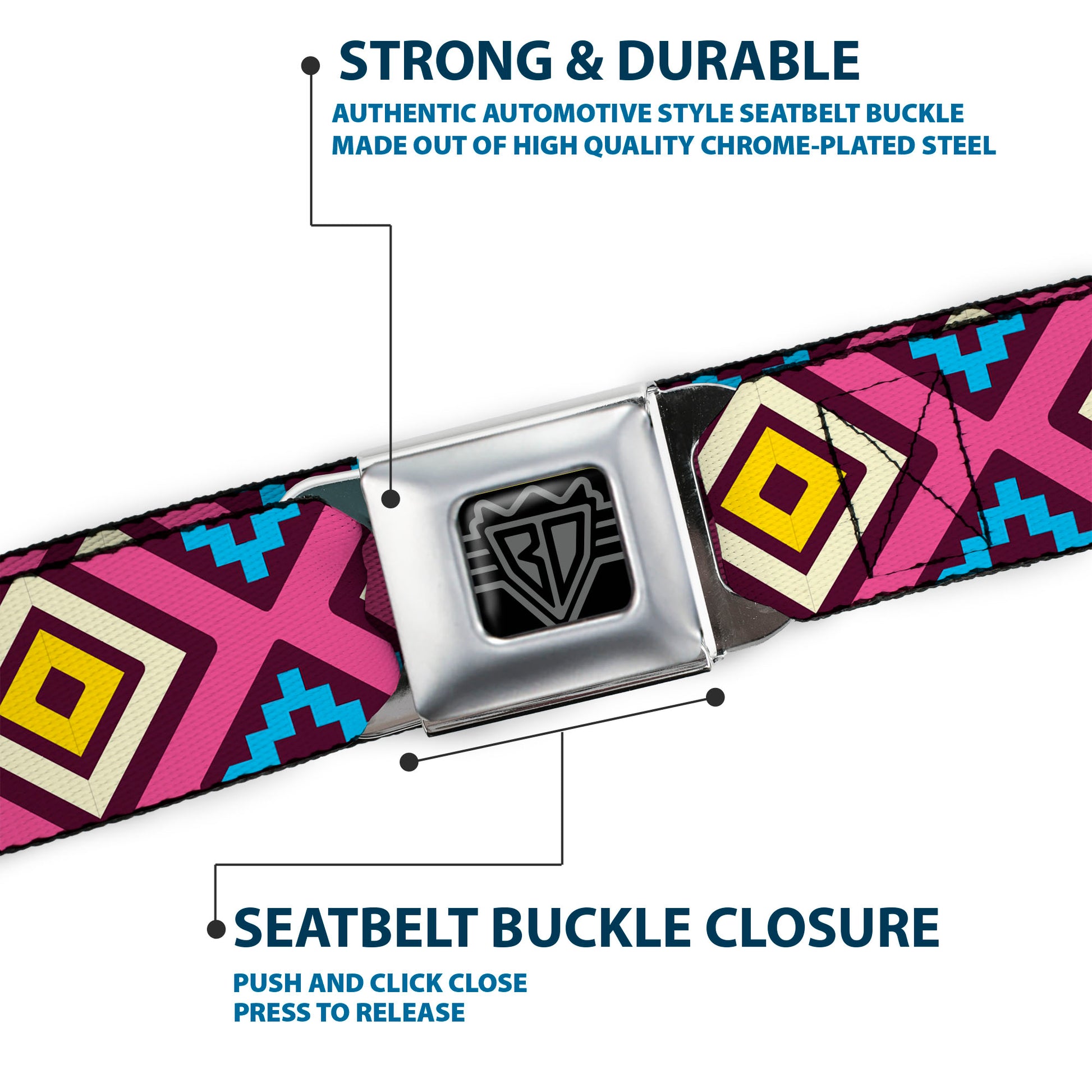 BD Wings Logo CLOSE-UP Full Color Black Silver Seatbelt Belt - Geometric1 Burgundy/Pink/Tan/Yellow/Baby Blue Webbing Seatbelt Belts Buckle-Down