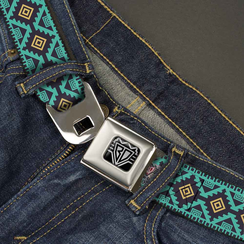 BD Wings Logo CLOSE-UP Full Color Black Silver Seatbelt Belt - Geometric6 Navy/Turquoise/Gold Webbing Seatbelt Belts Buckle-Down
