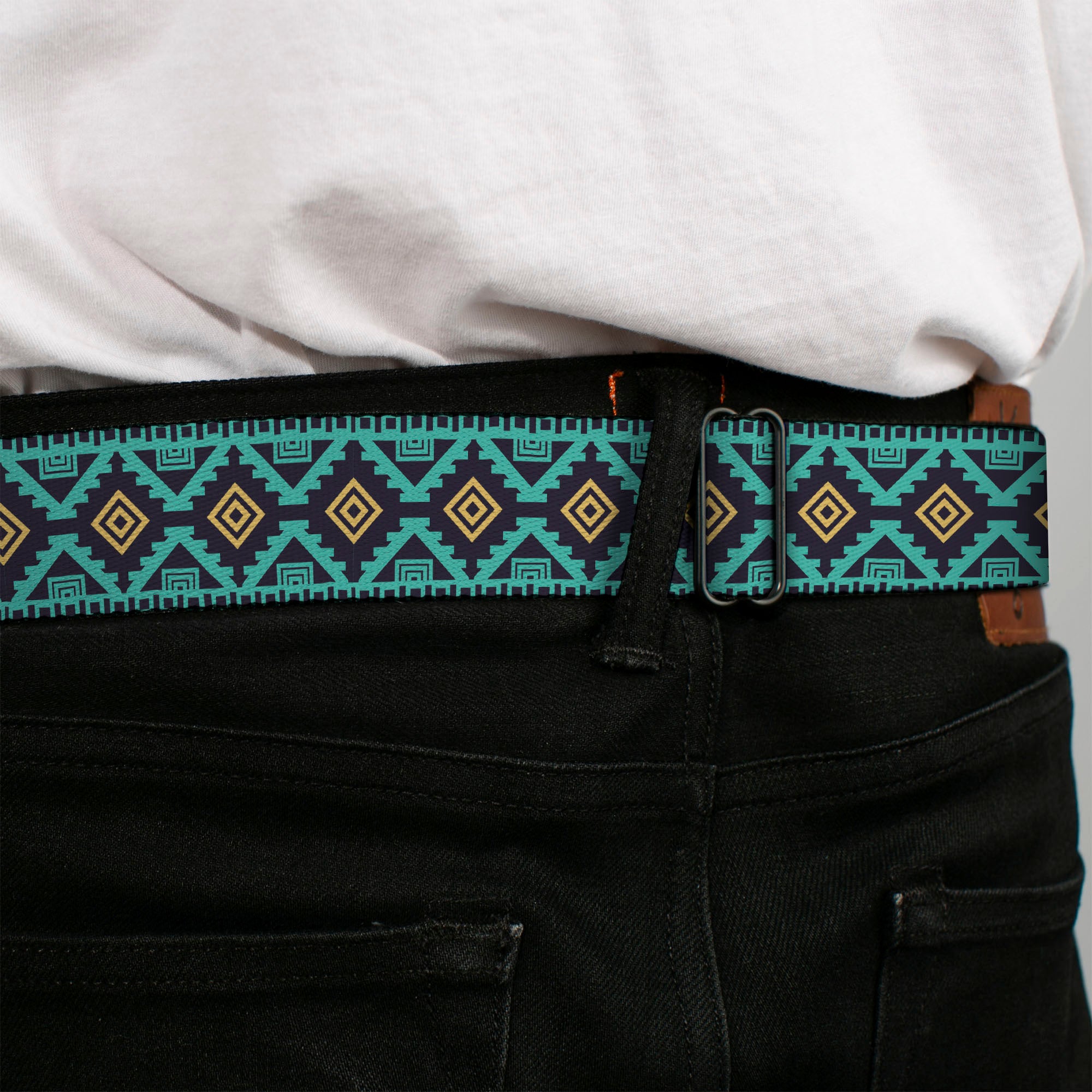 BD Wings Logo CLOSE-UP Full Color Black Silver Seatbelt Belt - Geometric6 Navy/Turquoise/Gold Webbing Seatbelt Belts Buckle-Down
