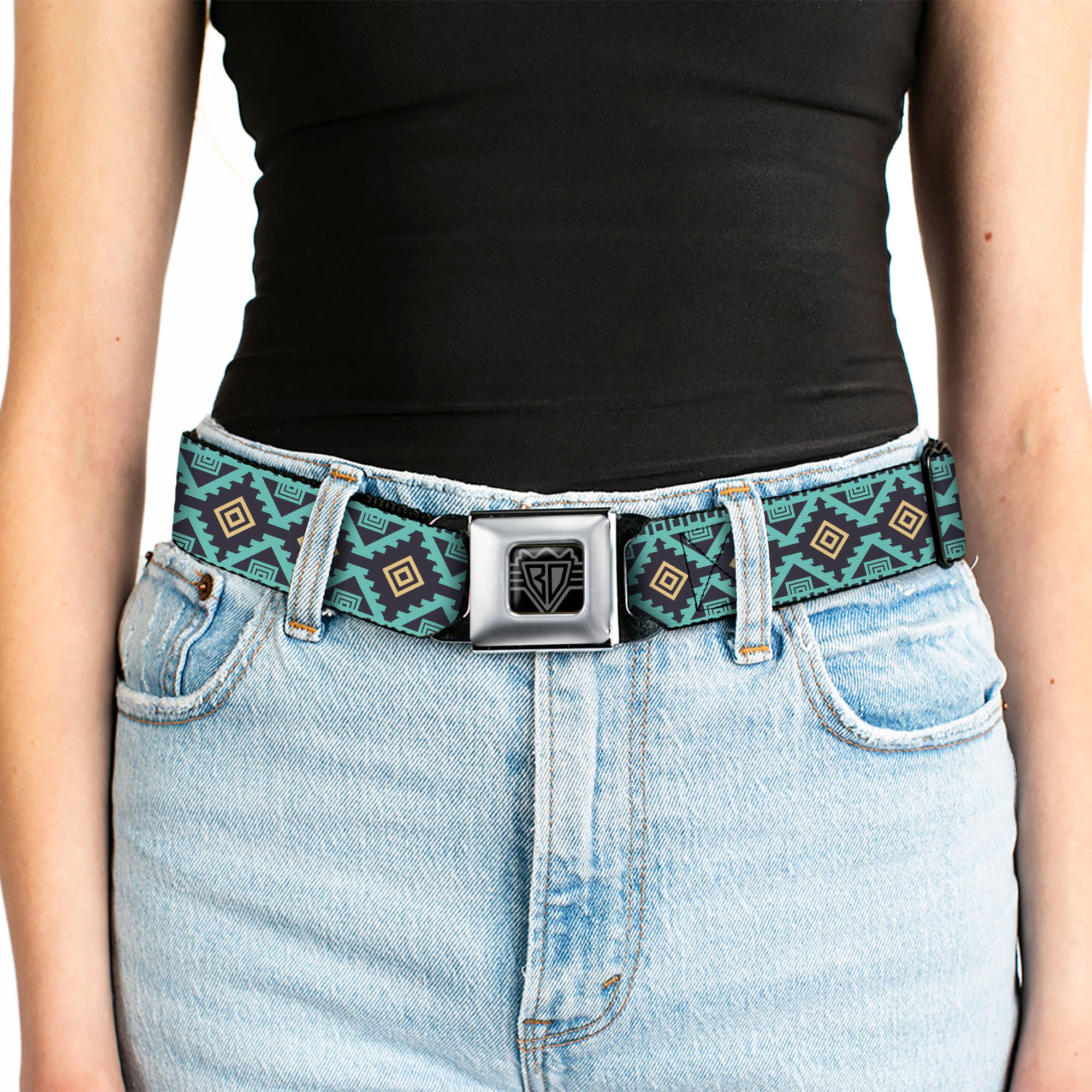 BD Wings Logo CLOSE-UP Full Color Black Silver Seatbelt Belt - Geometric6 Navy/Turquoise/Gold Webbing Seatbelt Belts Buckle-Down