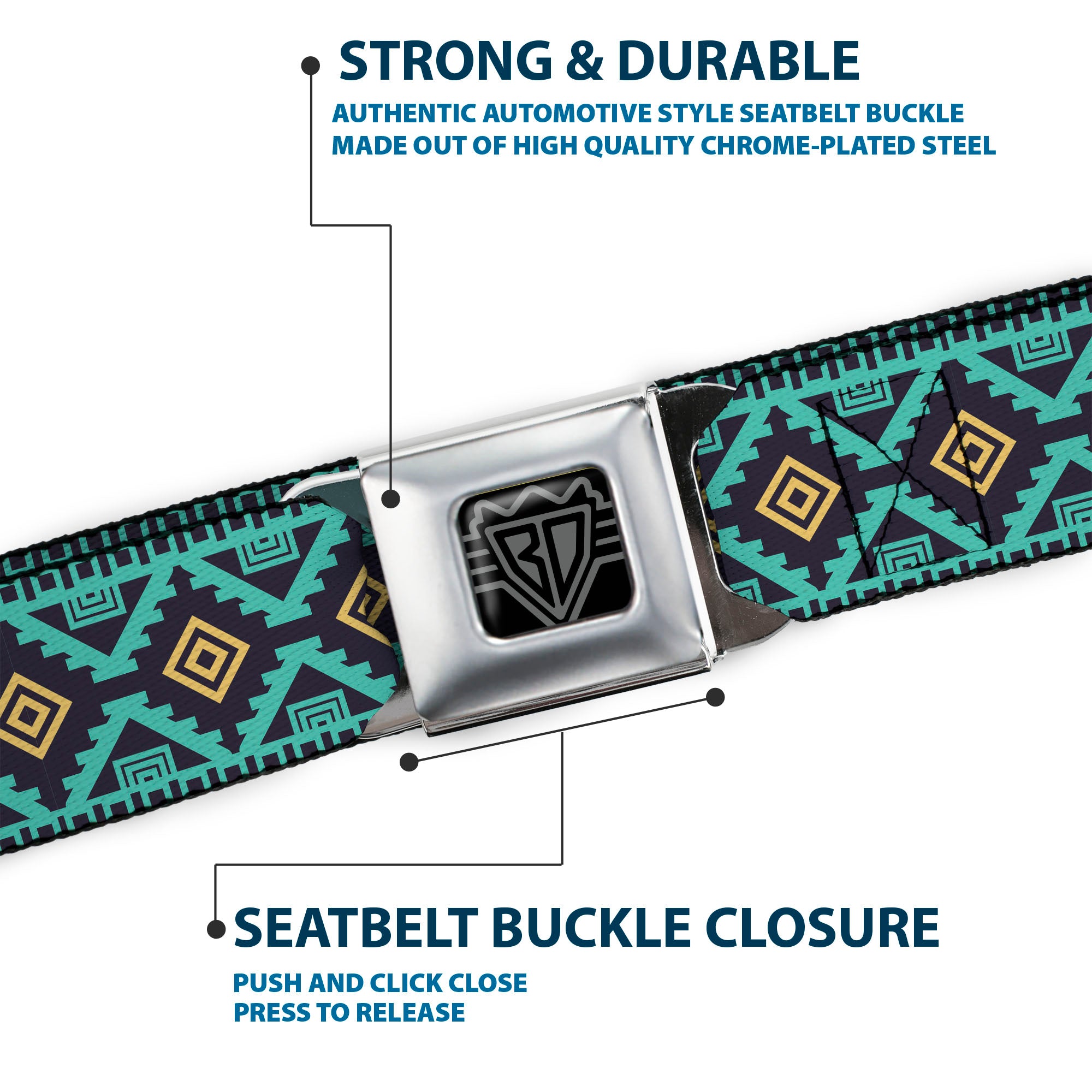 BD Wings Logo CLOSE-UP Full Color Black Silver Seatbelt Belt - Geometric6 Navy/Turquoise/Gold Webbing Seatbelt Belts Buckle-Down
