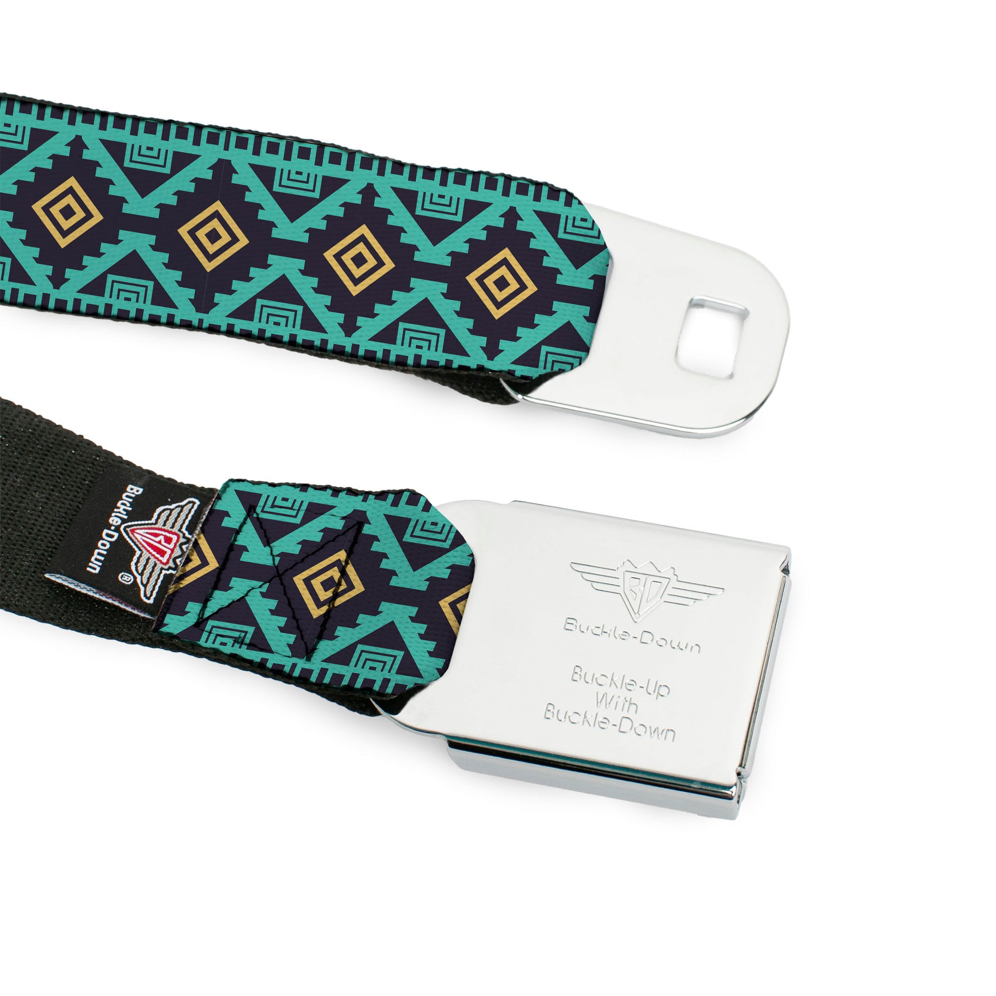 BD Wings Logo CLOSE-UP Full Color Black Silver Seatbelt Belt - Geometric6 Navy/Turquoise/Gold Webbing Seatbelt Belts Buckle-Down