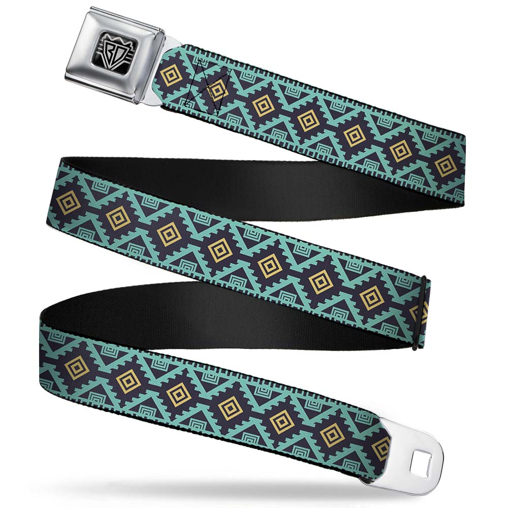 BD Wings Logo CLOSE-UP Full Color Black Silver Seatbelt Belt - Geometric6 Navy/Turquoise/Gold Webbing Seatbelt Belts Buckle-Down