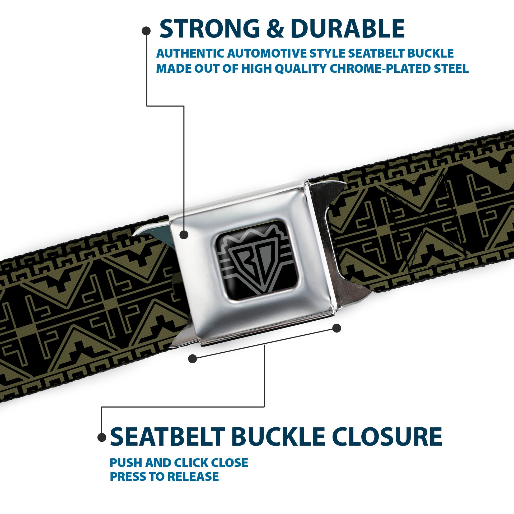 BD Wings Logo CLOSE-UP Full Color Black Silver Seatbelt Belt - Geometric7 Black/Olive Webbing Seatbelt Belts Buckle-Down