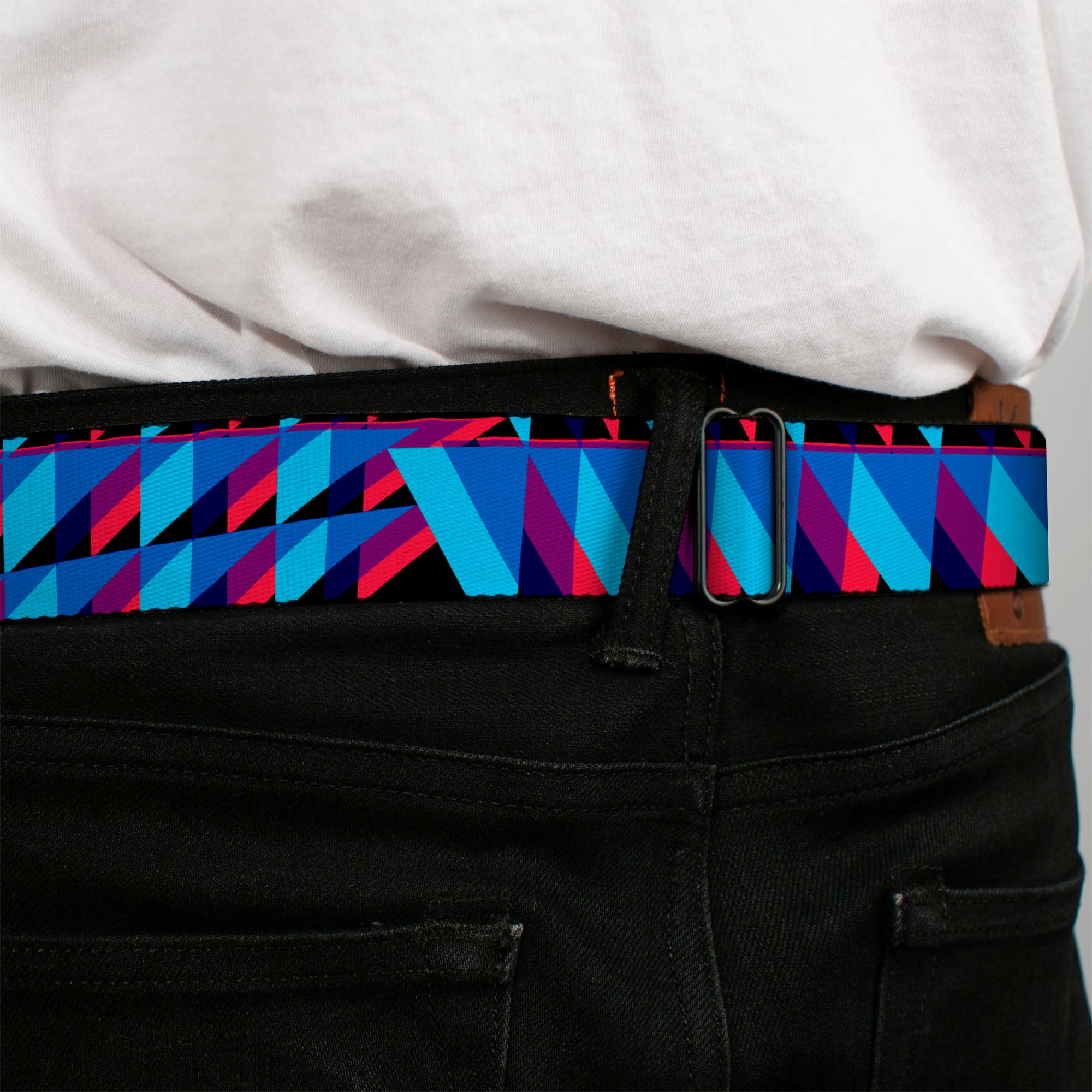 BD Wings Logo CLOSE-UP Full Color Black Silver Seatbelt Belt - Geometric Peaks Blues/Purple/Red Webbing Seatbelt Belts Buckle-Down