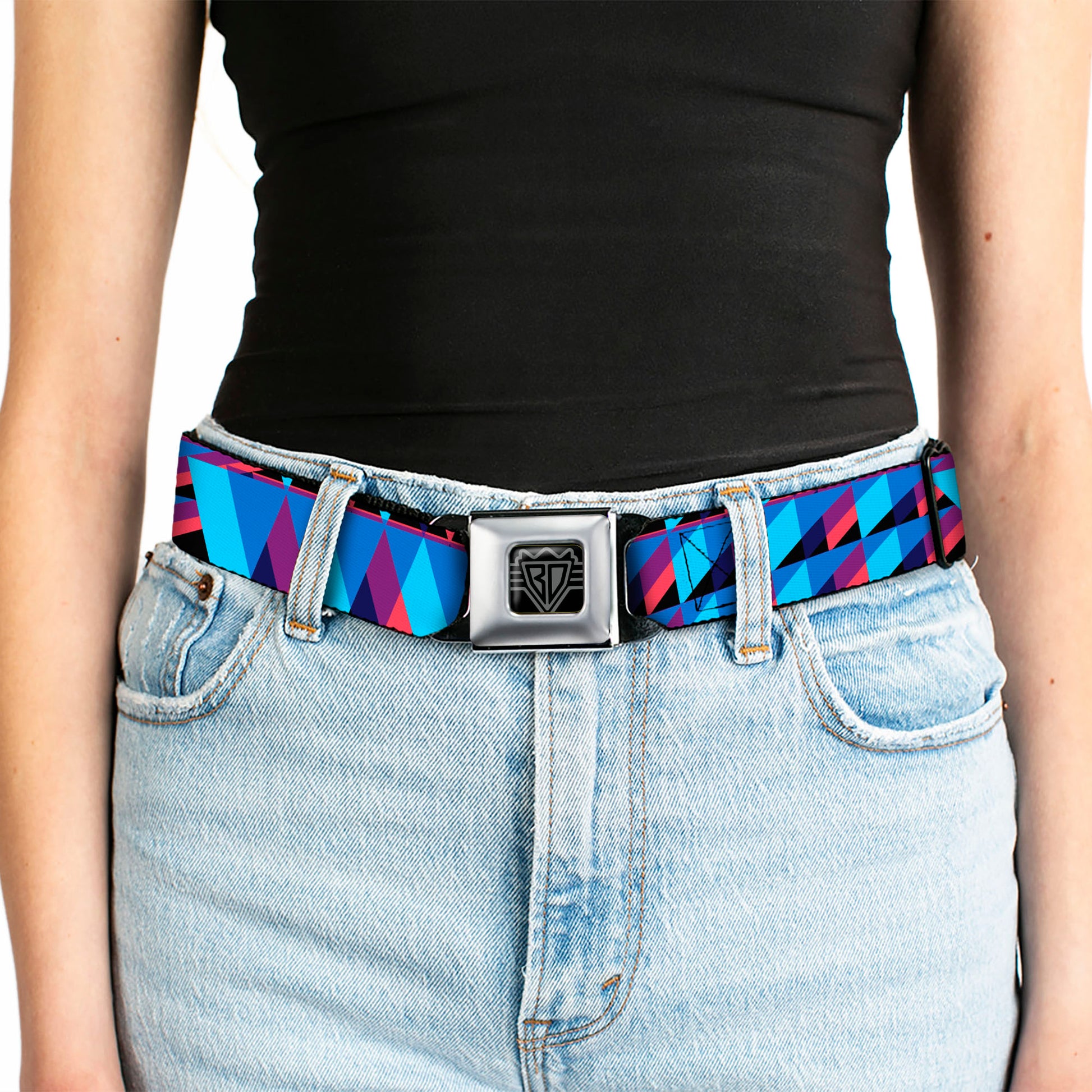 BD Wings Logo CLOSE-UP Full Color Black Silver Seatbelt Belt - Geometric Peaks Blues/Purple/Red Webbing Seatbelt Belts Buckle-Down