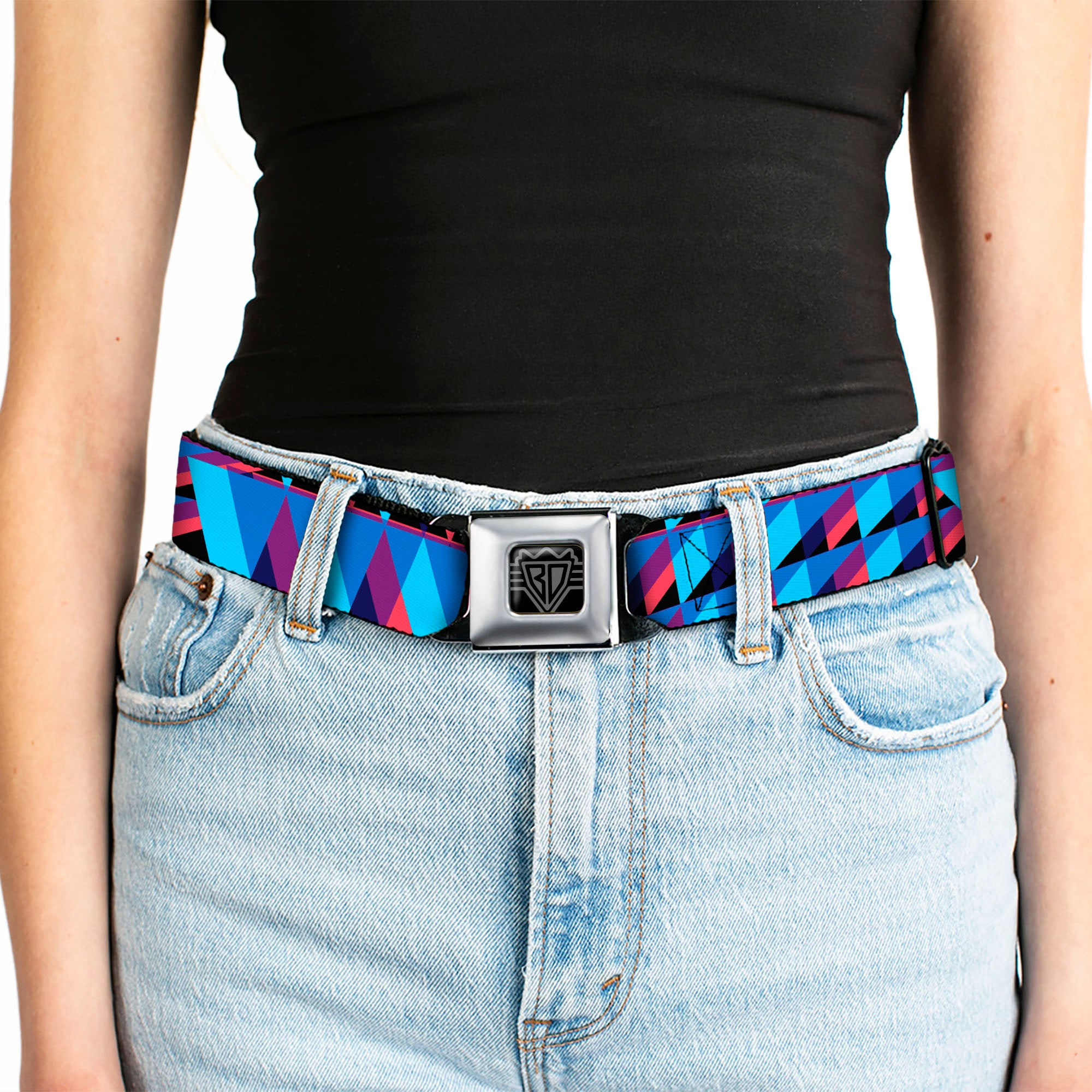 BD Wings Logo CLOSE-UP Full Color Black Silver Seatbelt Belt - Geometric Peaks Blues/Purple/Red Webbing Seatbelt Belts Buckle-Down