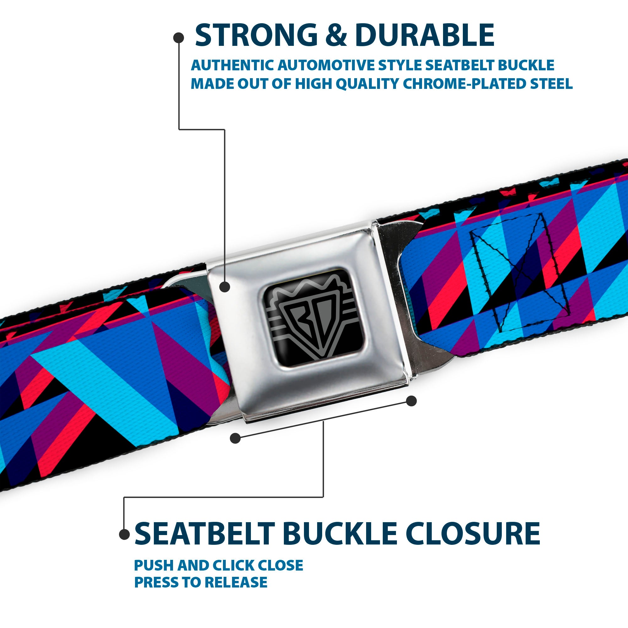 BD Wings Logo CLOSE-UP Full Color Black Silver Seatbelt Belt - Geometric Peaks Blues/Purple/Red Webbing Seatbelt Belts Buckle-Down