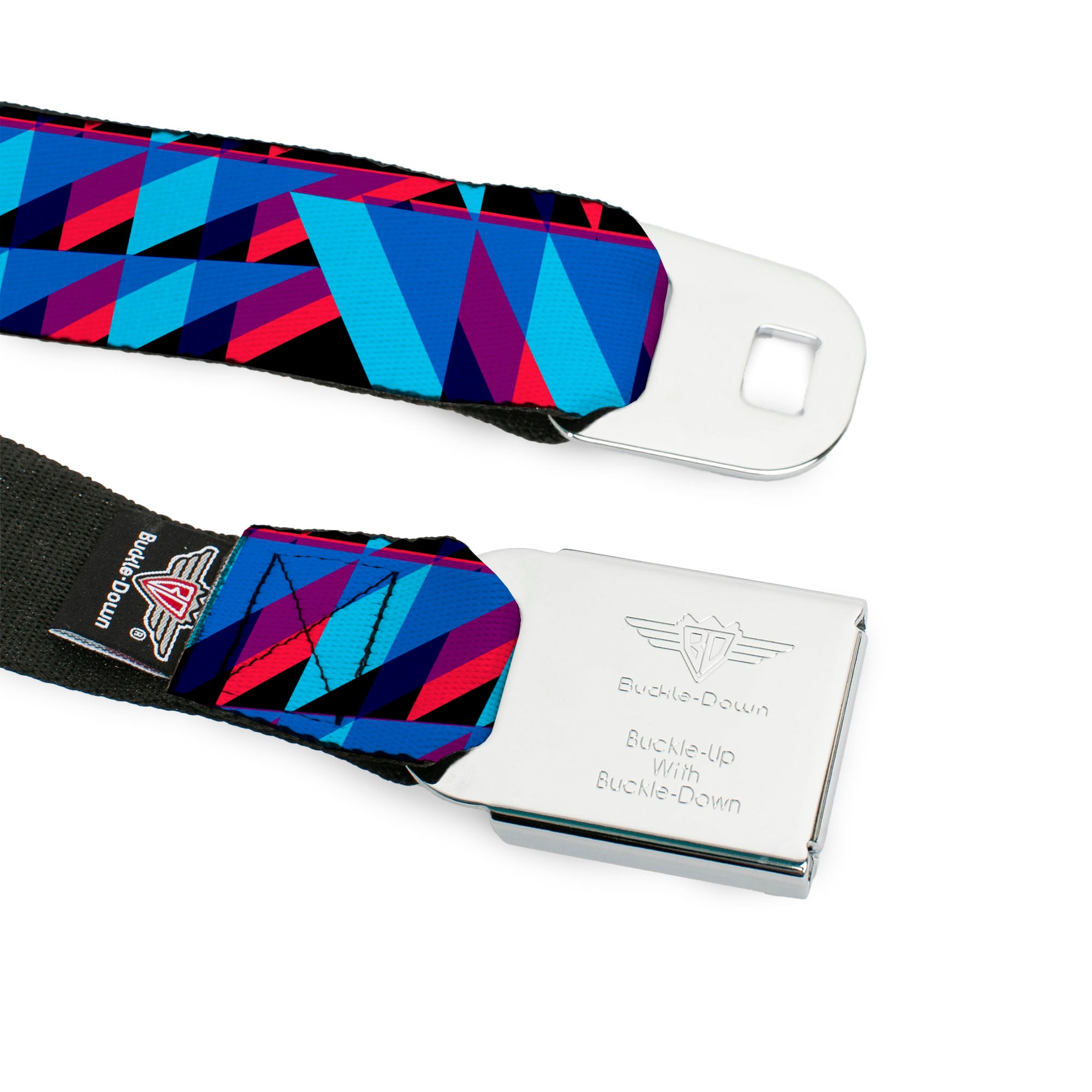 BD Wings Logo CLOSE-UP Full Color Black Silver Seatbelt Belt - Geometric Peaks Blues/Purple/Red Webbing Seatbelt Belts Buckle-Down