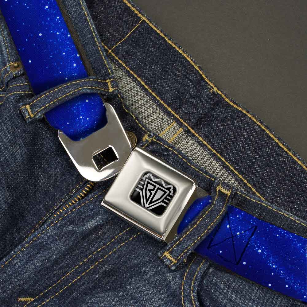 BD Wings Logo CLOSE-UP Full Color Black Silver Seatbelt Belt - Galaxy Arch Blues/White Webbing Seatbelt Belts Buckle-Down