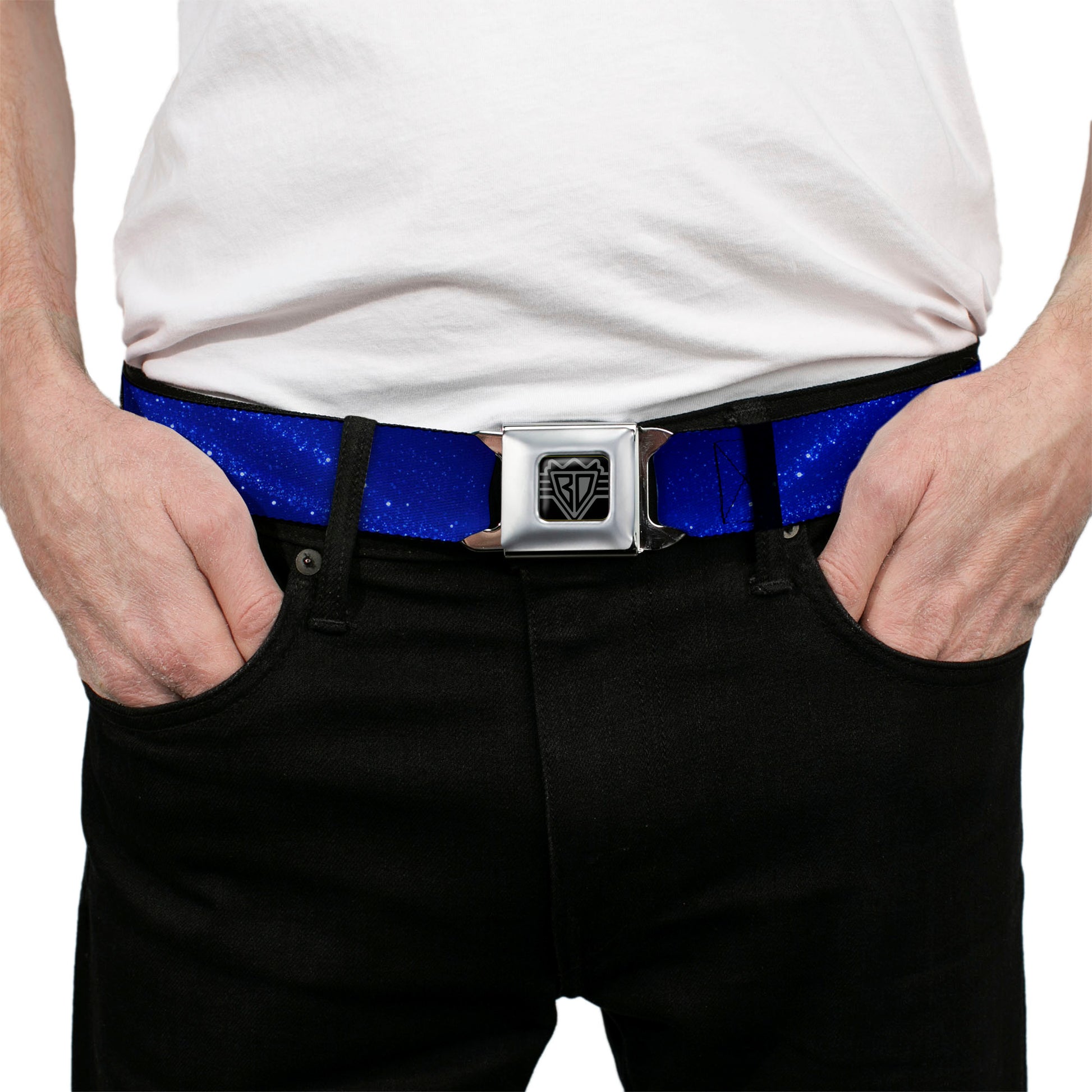 BD Wings Logo CLOSE-UP Full Color Black Silver Seatbelt Belt - Galaxy Arch Blues/White Webbing Seatbelt Belts Buckle-Down