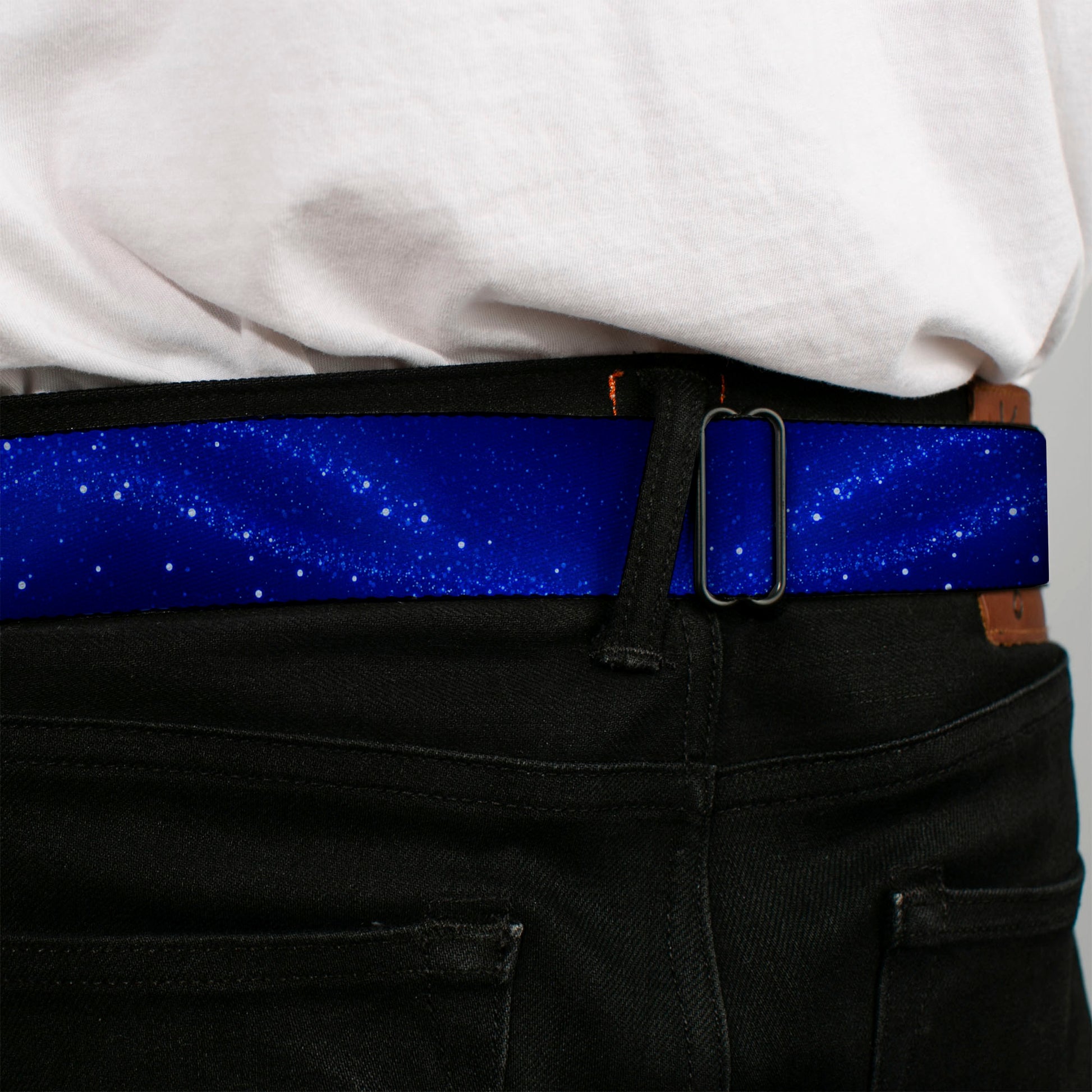 BD Wings Logo CLOSE-UP Full Color Black Silver Seatbelt Belt - Galaxy Arch Blues/White Webbing Seatbelt Belts Buckle-Down