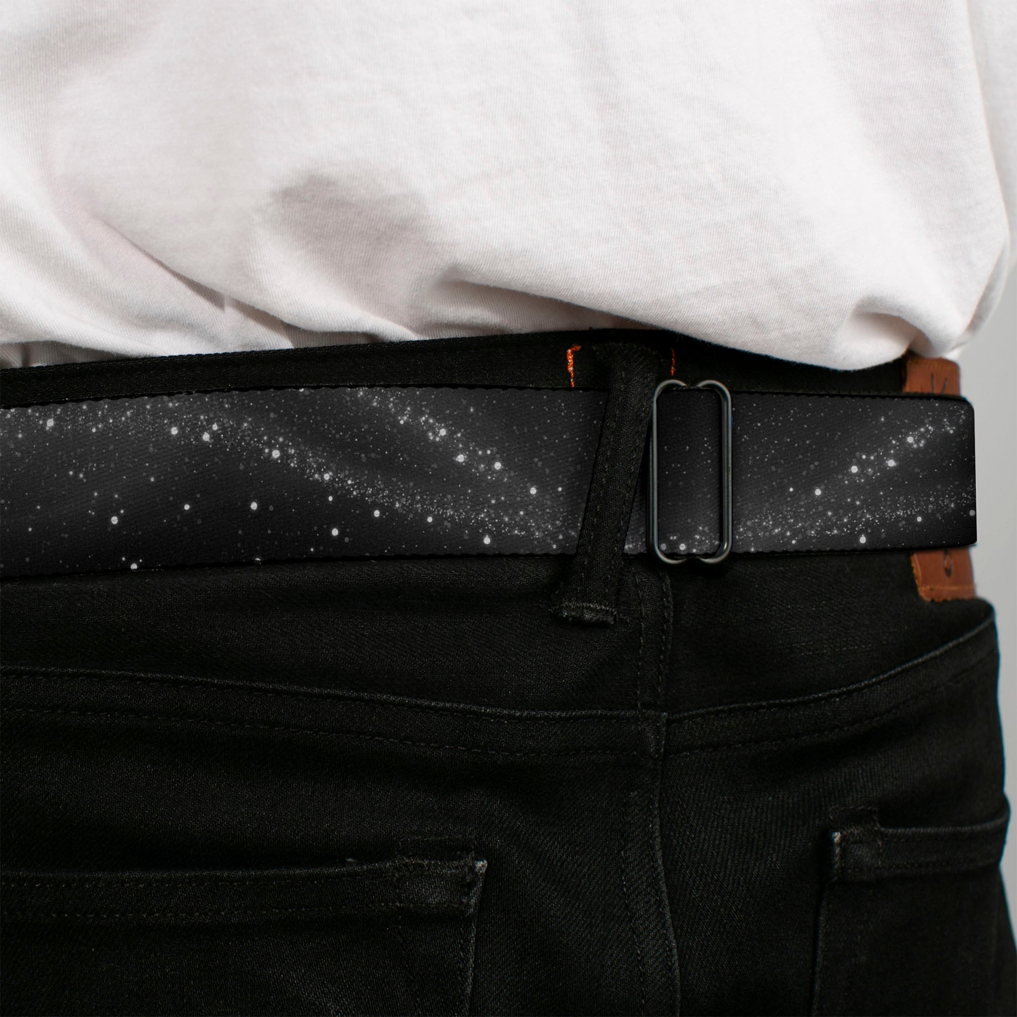 BD Wings Logo CLOSE-UP Full Color Black Silver Seatbelt Belt - Galaxy Arch Black/Gray/White Webbing Seatbelt Belts Buckle-Down