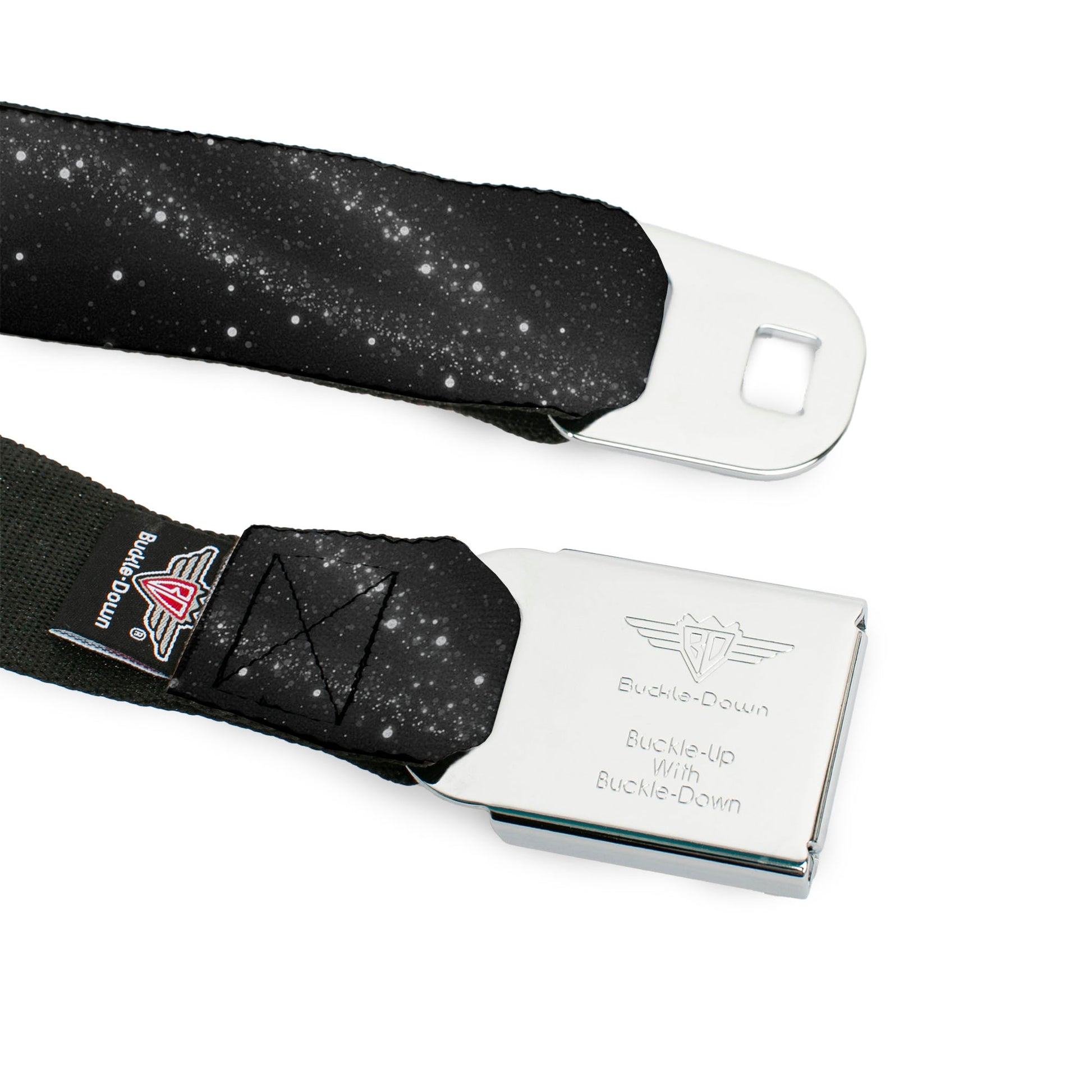 BD Wings Logo CLOSE-UP Full Color Black Silver Seatbelt Belt - Galaxy Arch Black/Gray/White Webbing Seatbelt Belts Buckle-Down