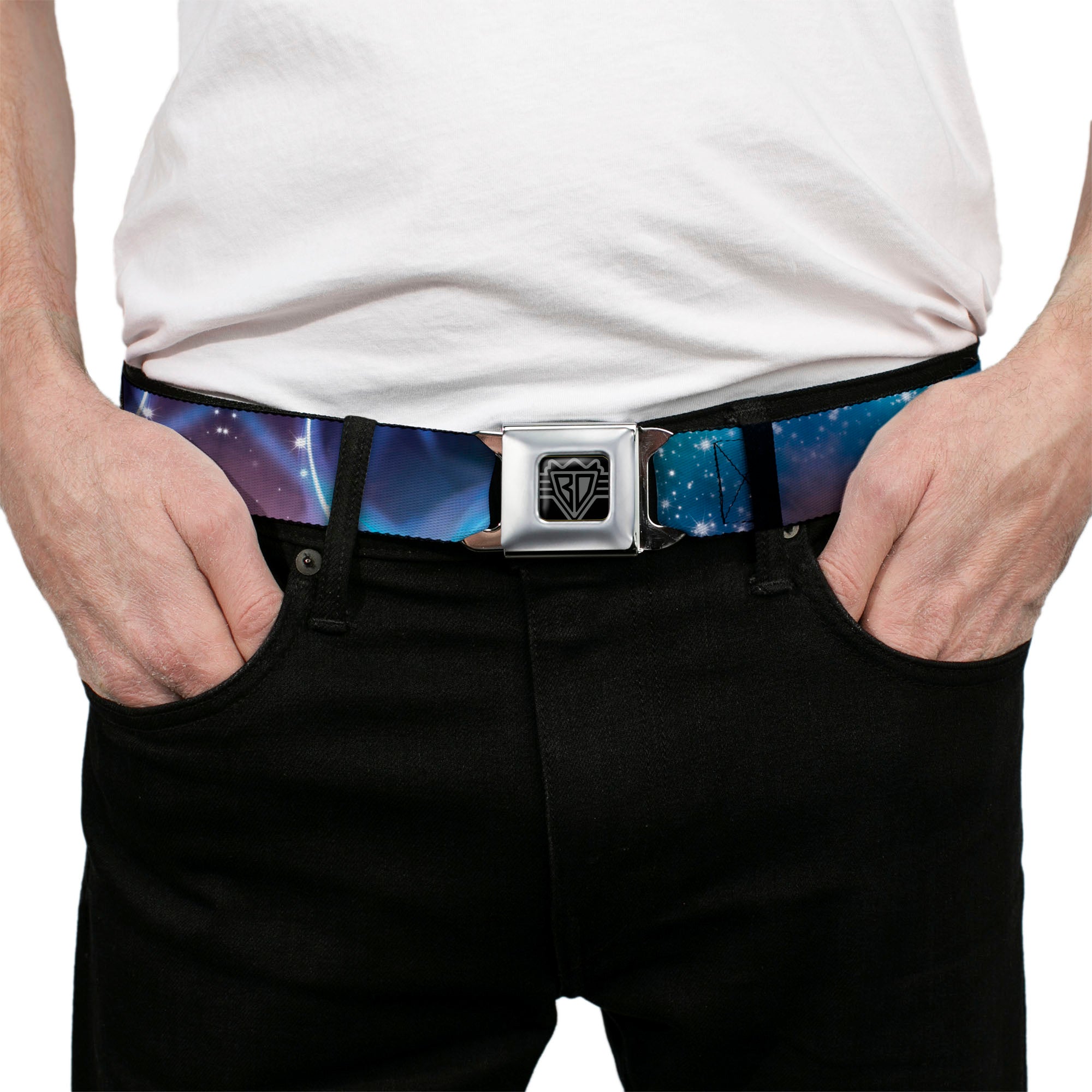 BD Wings Logo CLOSE-UP Full Color Black Silver Seatbelt Belt - Galaxy Swirl/Shining Stars Webbing Seatbelt Belts Buckle-Down