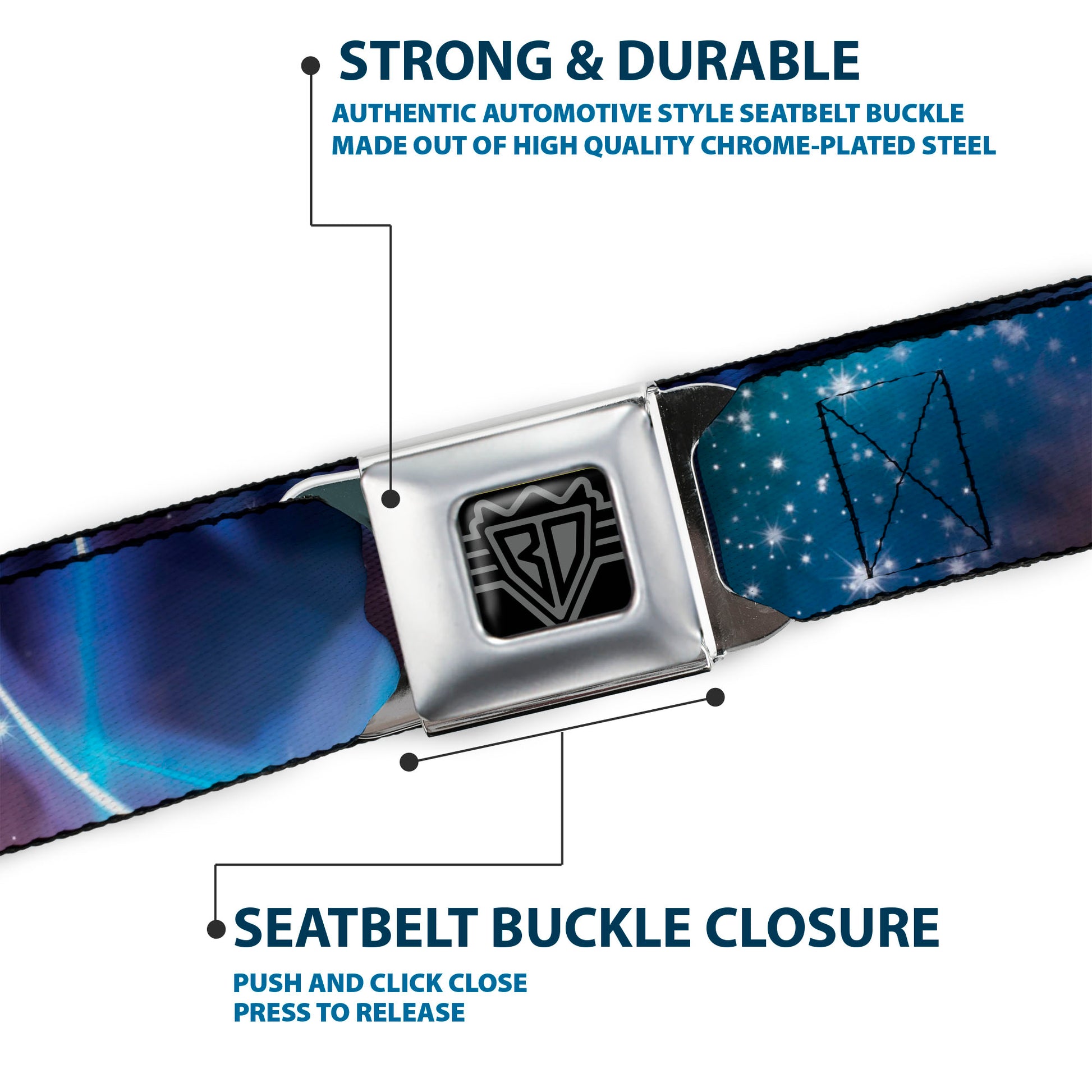 BD Wings Logo CLOSE-UP Full Color Black Silver Seatbelt Belt - Galaxy Swirl/Shining Stars Webbing Seatbelt Belts Buckle-Down