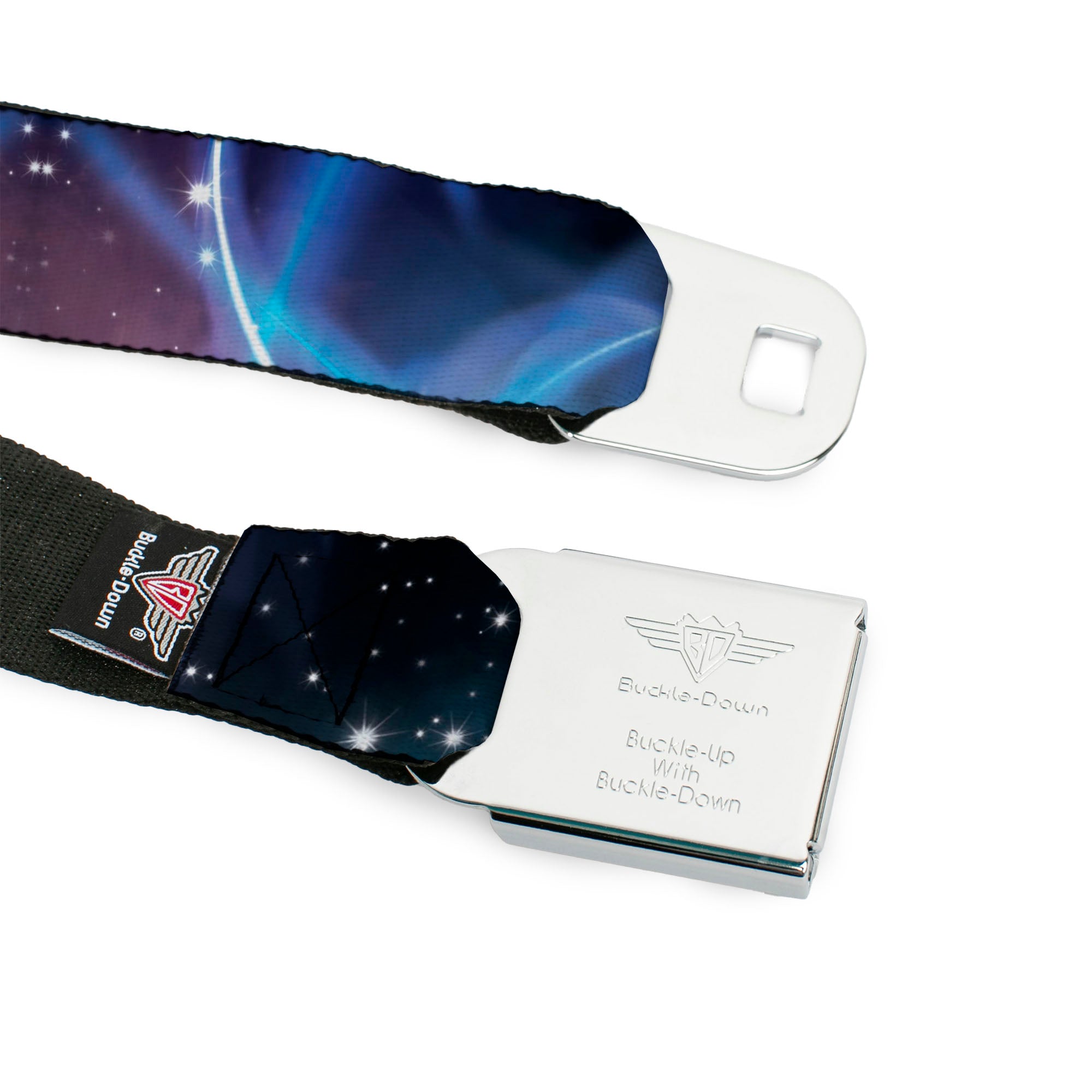 BD Wings Logo CLOSE-UP Full Color Black Silver Seatbelt Belt - Galaxy Swirl/Shining Stars Webbing Seatbelt Belts Buckle-Down