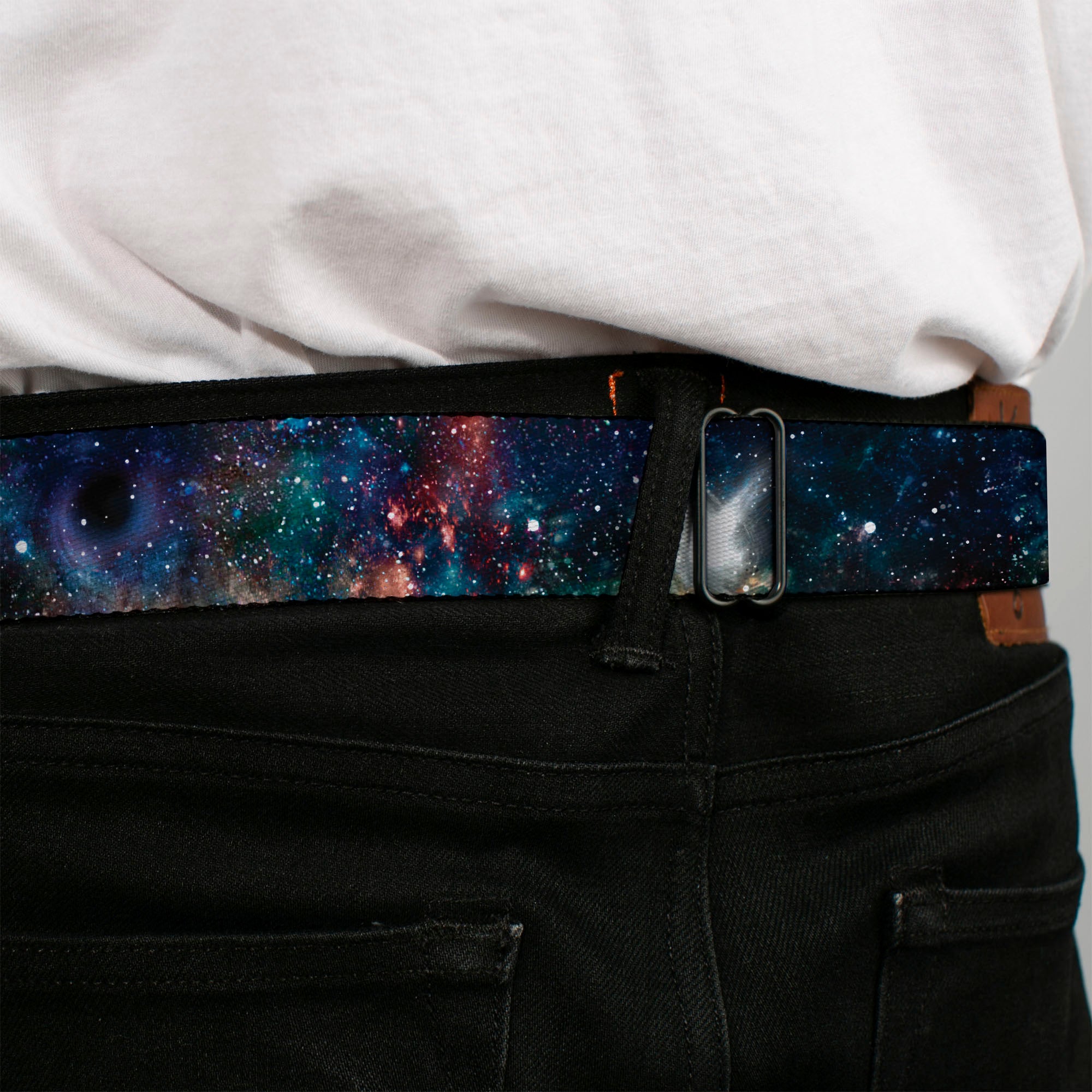 BD Wings Logo CLOSE-UP Full Color Black Silver Seatbelt Belt - Galaxy Collage Webbing Seatbelt Belts Buckle-Down