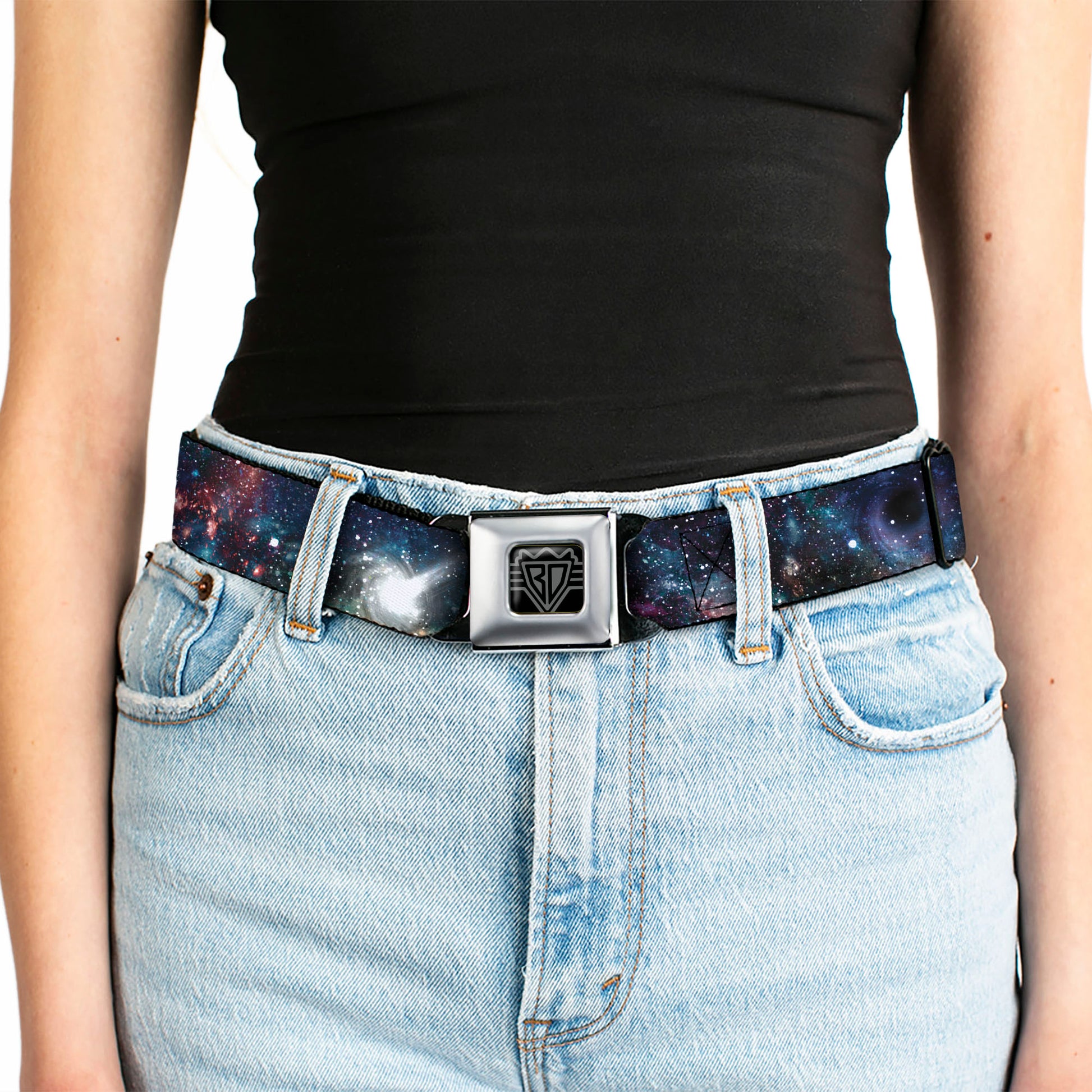 BD Wings Logo CLOSE-UP Full Color Black Silver Seatbelt Belt - Galaxy Collage Webbing Seatbelt Belts Buckle-Down