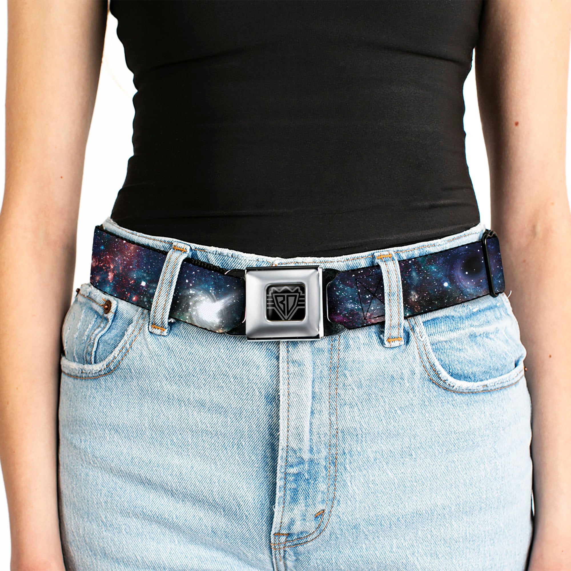 BD Wings Logo CLOSE-UP Full Color Black Silver Seatbelt Belt - Galaxy Collage Webbing Seatbelt Belts Buckle-Down