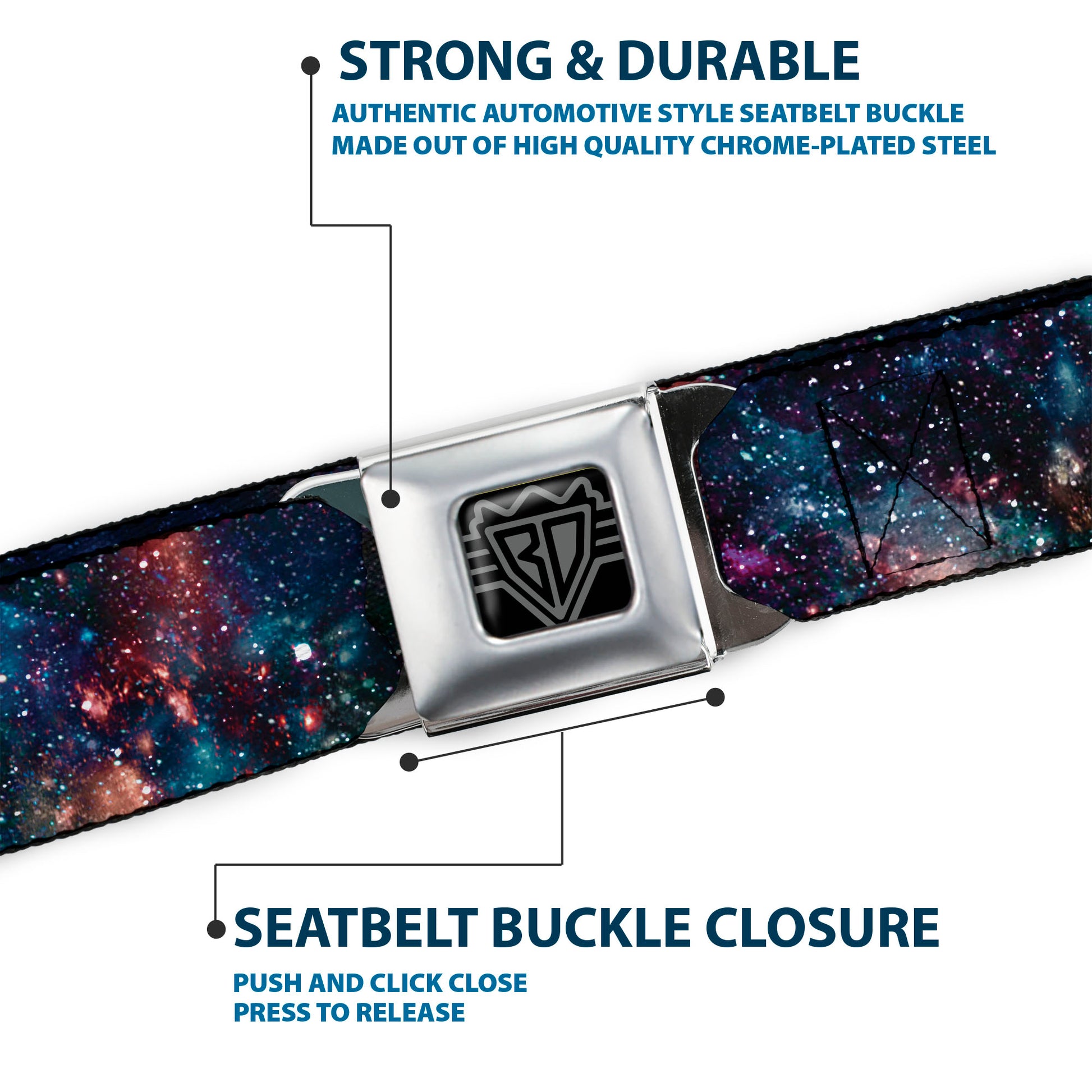 BD Wings Logo CLOSE-UP Full Color Black Silver Seatbelt Belt - Galaxy Collage Webbing Seatbelt Belts Buckle-Down