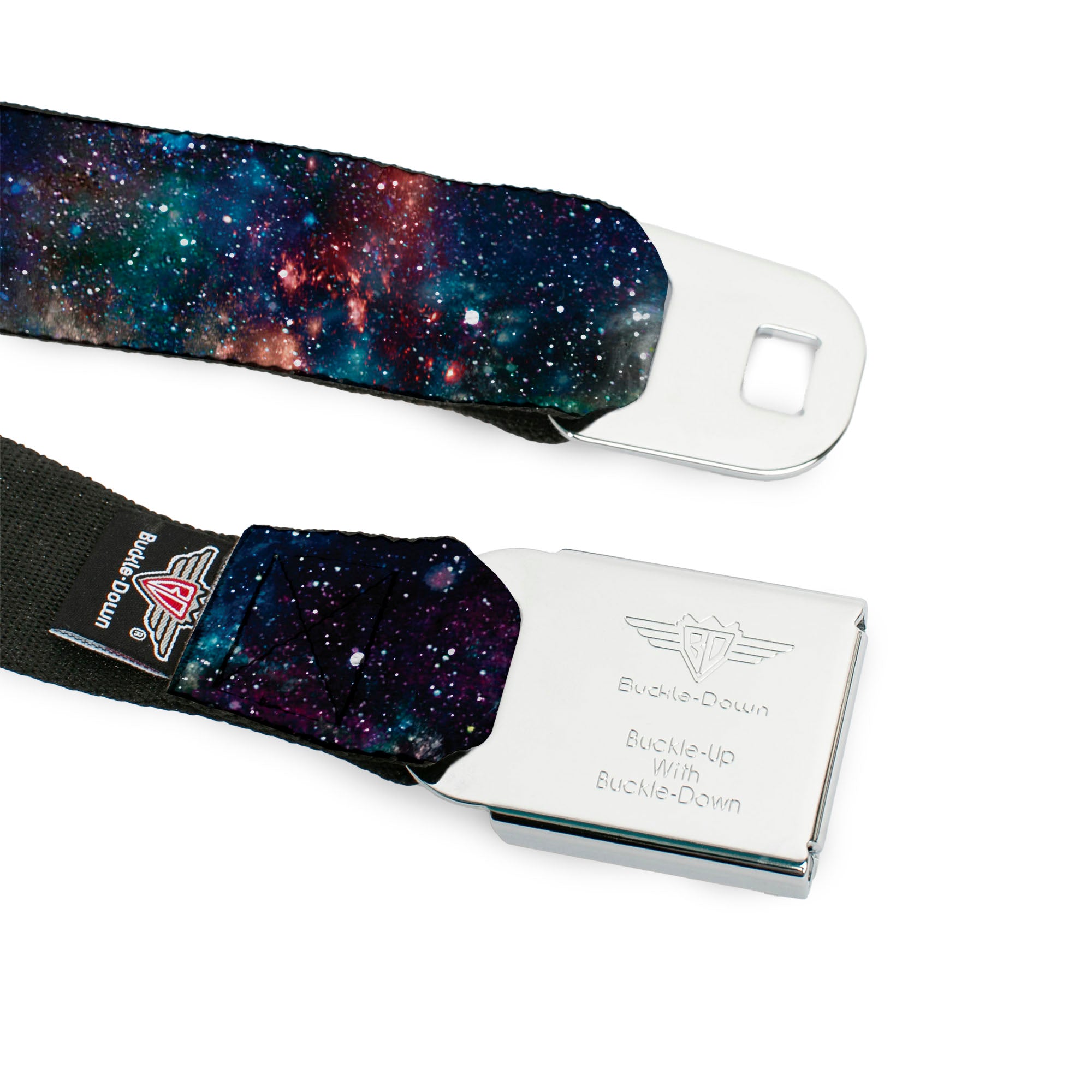 BD Wings Logo CLOSE-UP Full Color Black Silver Seatbelt Belt - Galaxy Collage Webbing Seatbelt Belts Buckle-Down