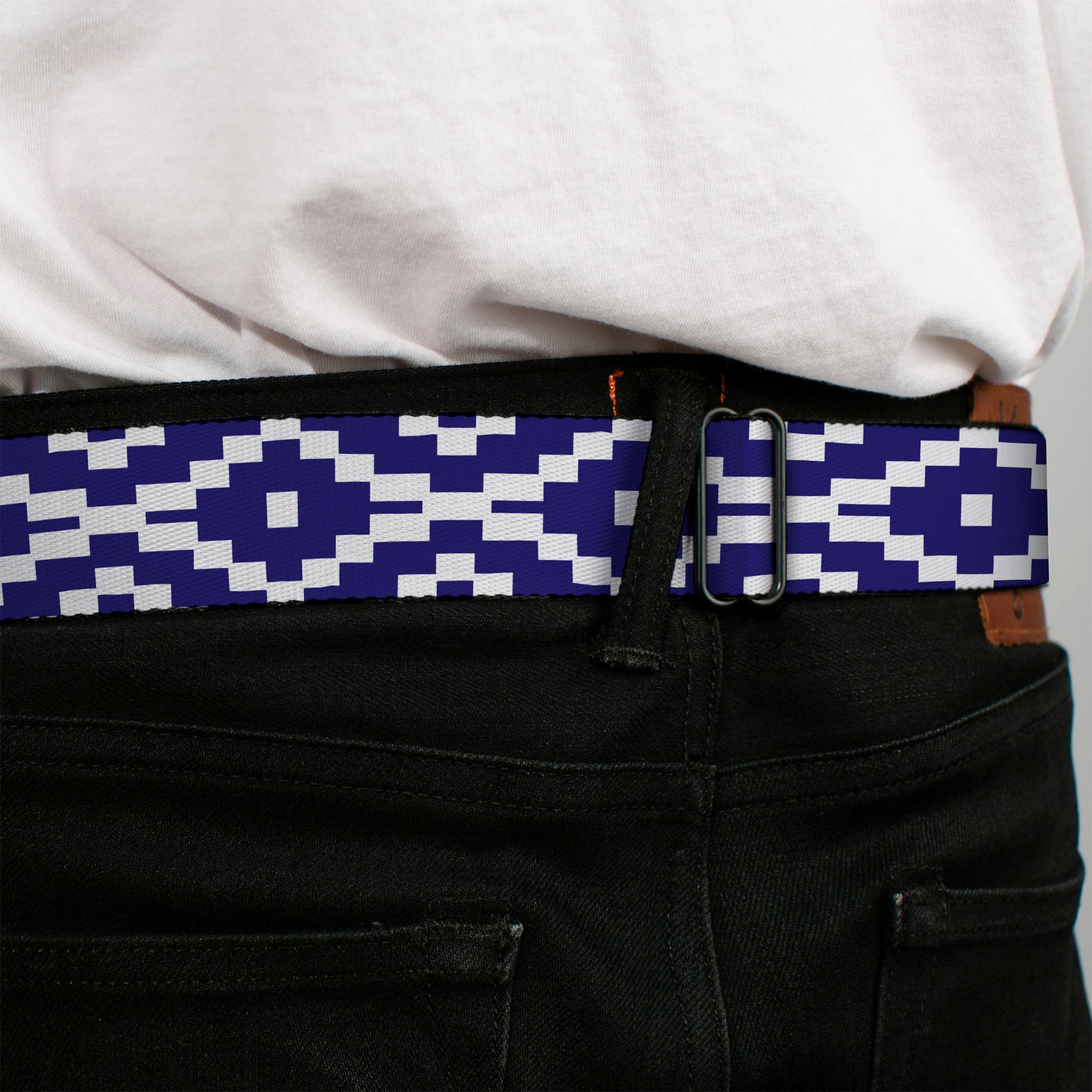BD Wings Logo CLOSE-UP Full Color Black Silver Seatbelt Belt - Geometric Diamond Blue/White Webbing Seatbelt Belts Buckle-Down