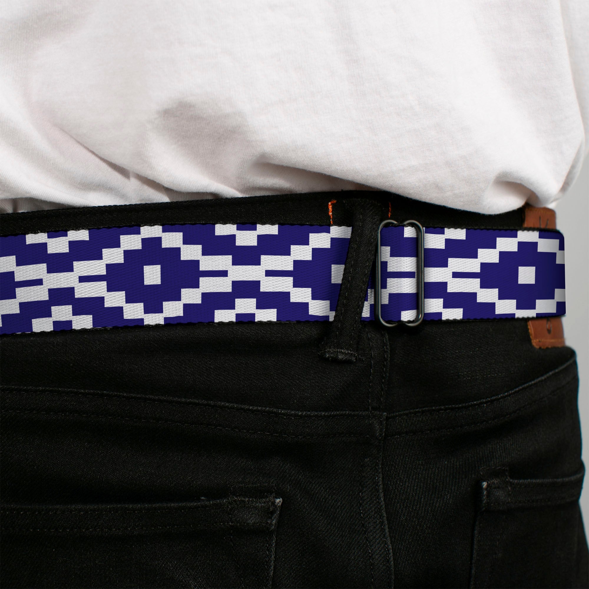 BD Wings Logo CLOSE-UP Full Color Black Silver Seatbelt Belt - Geometric Diamond Blue/White Webbing Seatbelt Belts Buckle-Down