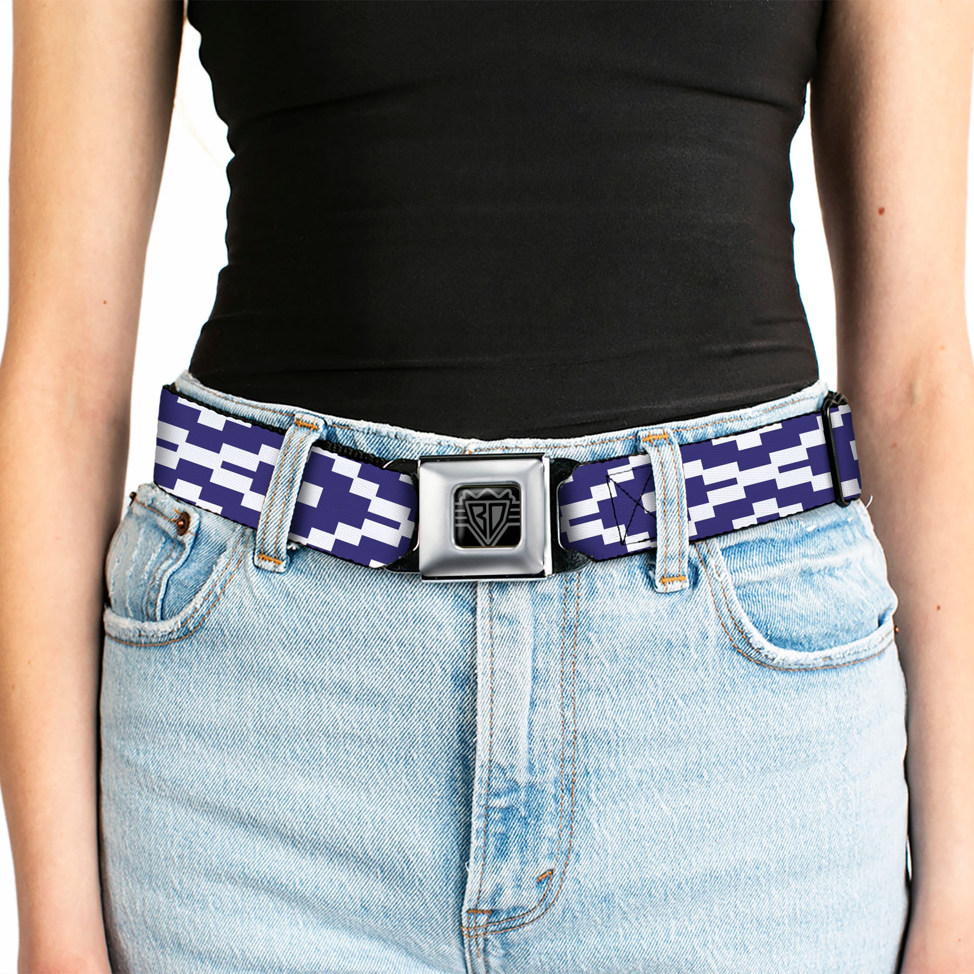 BD Wings Logo CLOSE-UP Full Color Black Silver Seatbelt Belt - Geometric Diamond Blue/White Webbing Seatbelt Belts Buckle-Down